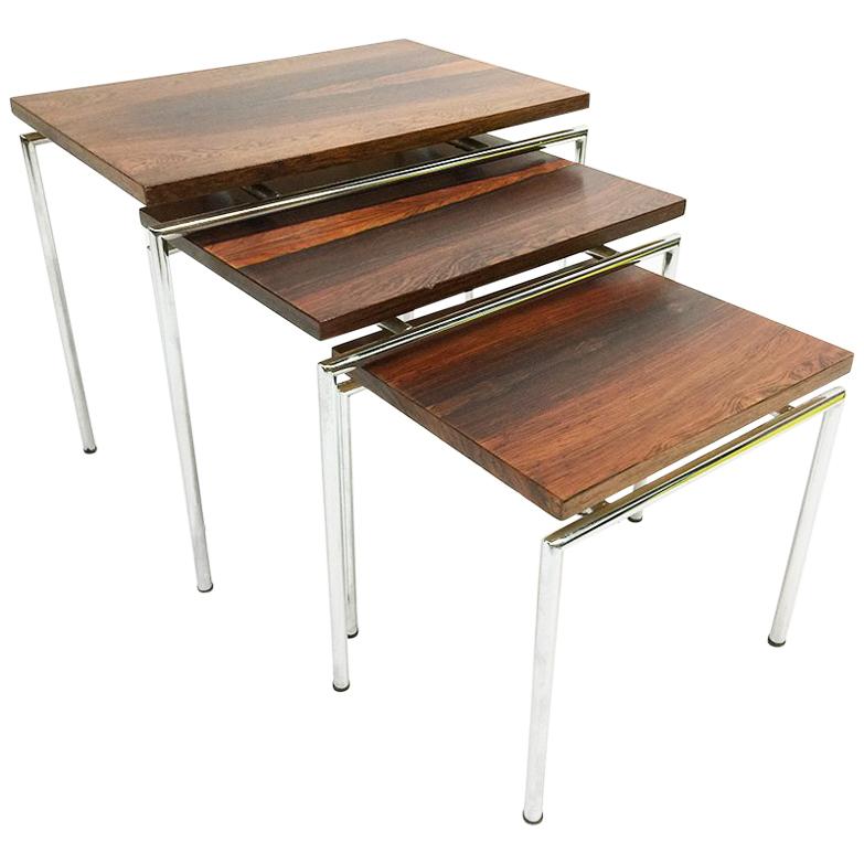 Dutch veneered wooden and chrome nesting tables, 1960s For Sale