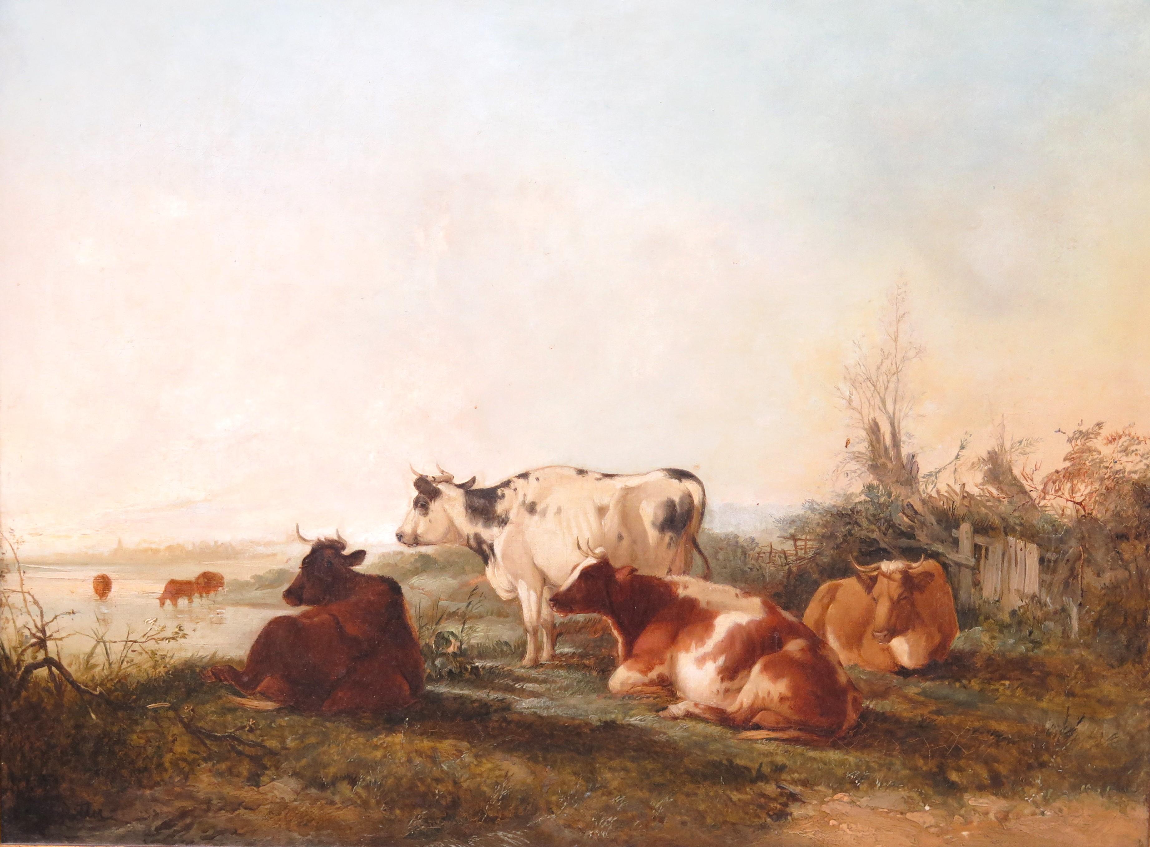 pastorial landscape picture with cattle in the Manner of Paulus Potter, (Dutch, 1625-1654), oil on canvas, picture has been relined, some overpainting, signed front lower left POTTER, Holland, 17th century

25