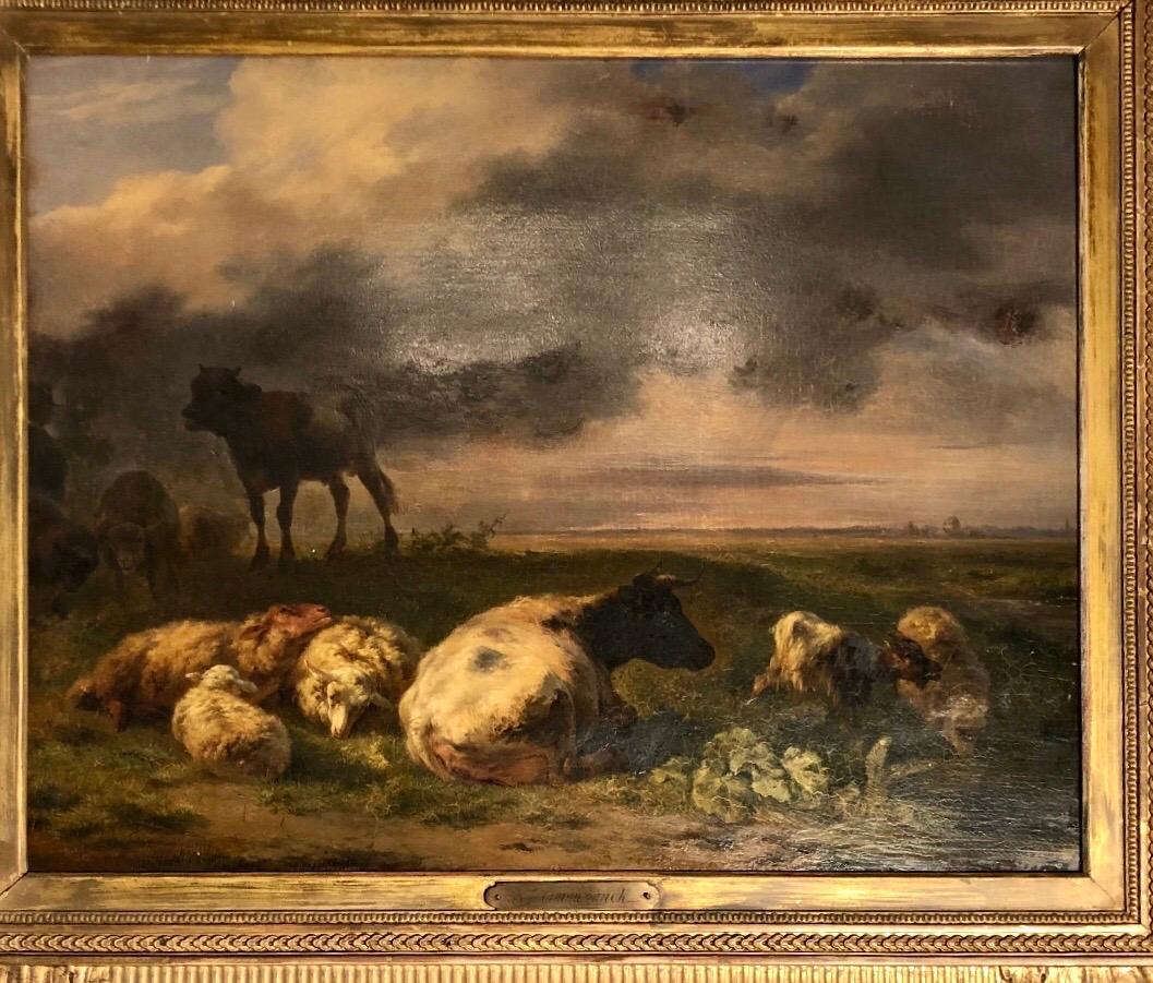 This wonderful realistic Pastoral Painting is painted on board with a cradle back. Balthasar Paul Ommeganck (1755–1826) was born in Antwerp in 1755. The painting is in the original gilt frame. Balthasar Paul Ommeganck was a Flemish painter in