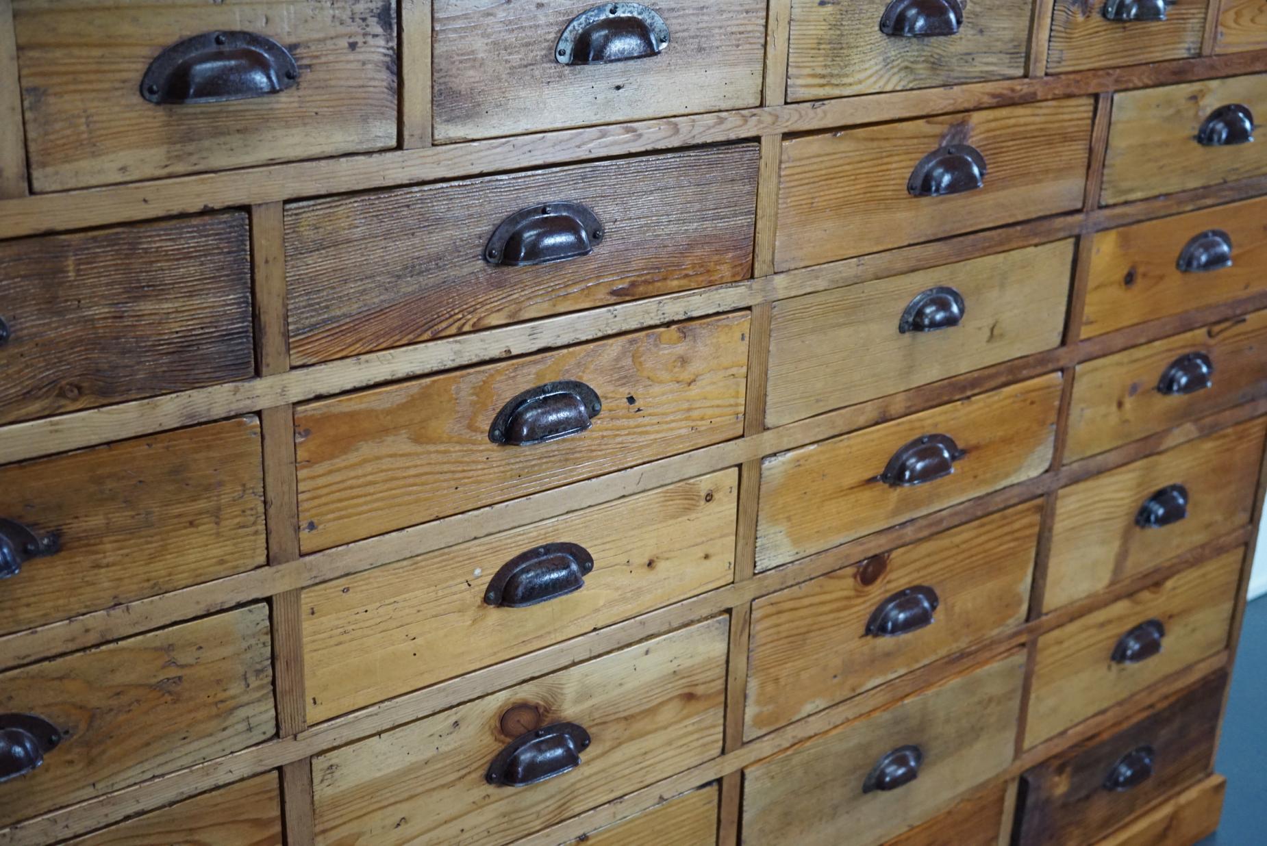 Industrial Dutch Pine Apothecary Cabinet or Bank of Drawers, 1940s