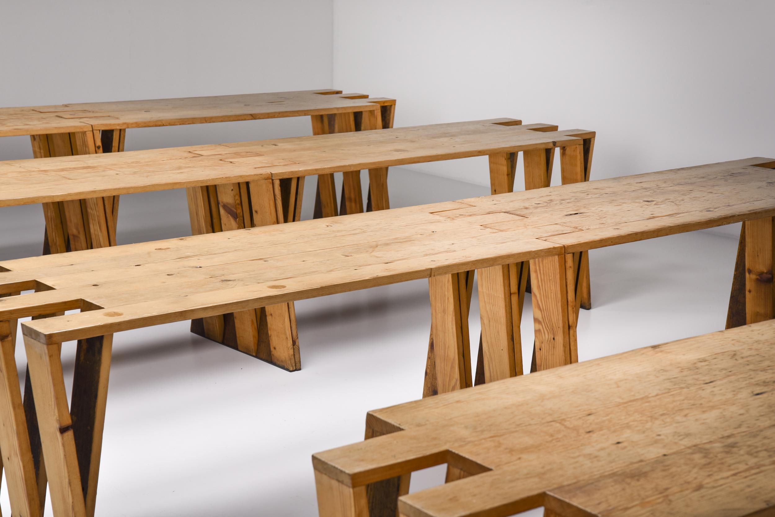 Dutch Pine Modular Puzzle dining tables. 

We have eight of these unique tables available.
These tables can be clicked together like a puzzle and offer an elegant finish.