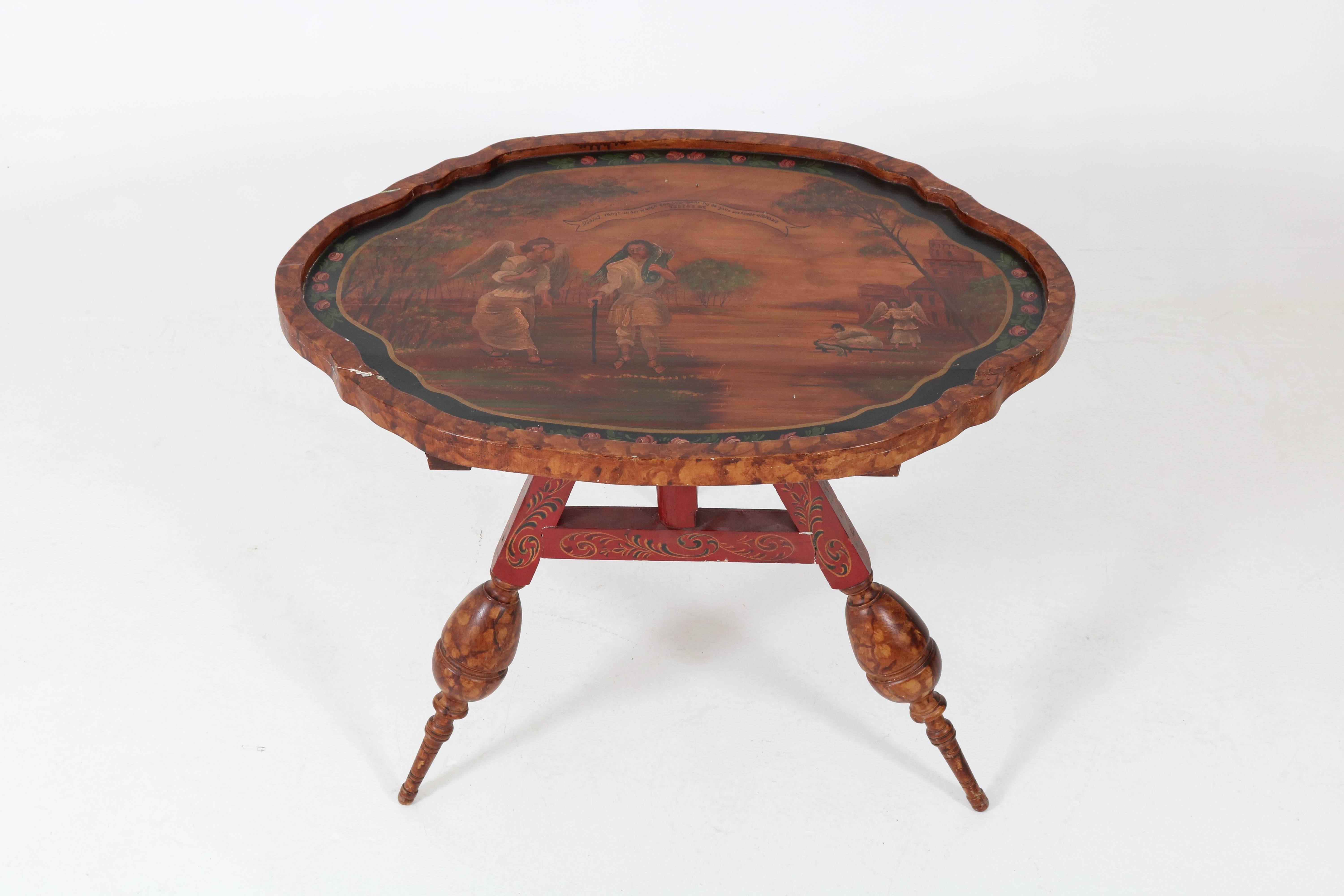 Stunning Dutch Provincial Flap aan de Wand table, 1900s.
Original painted wood in Hindelopen style.
Top and back are hand-painted with images based on the bible.
In good original condition with minor wear consistent with age and use,
preserving