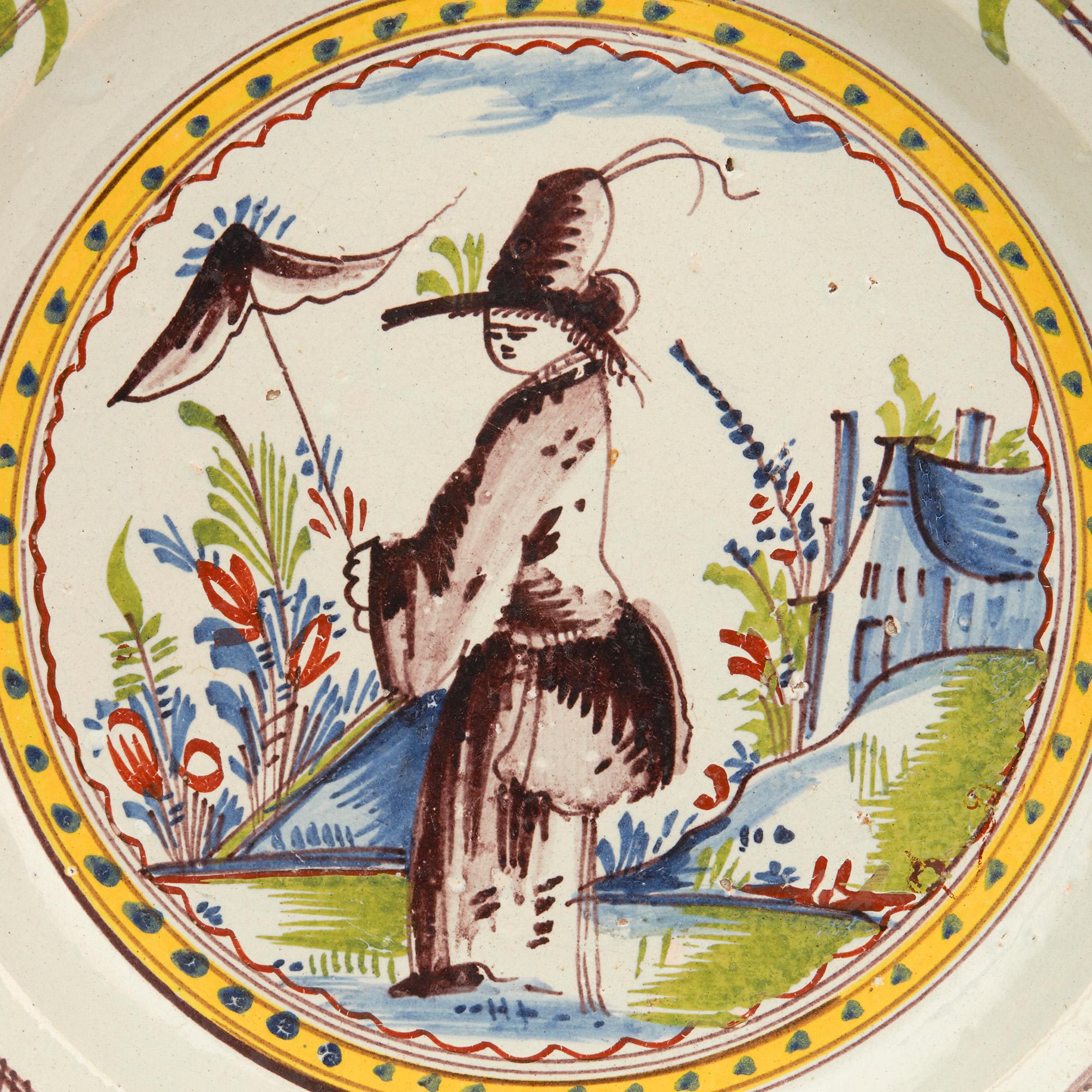 Earthenware Dutch Rare Delft Faience Polychrome Lady in Landscape Pottery Dish For Sale