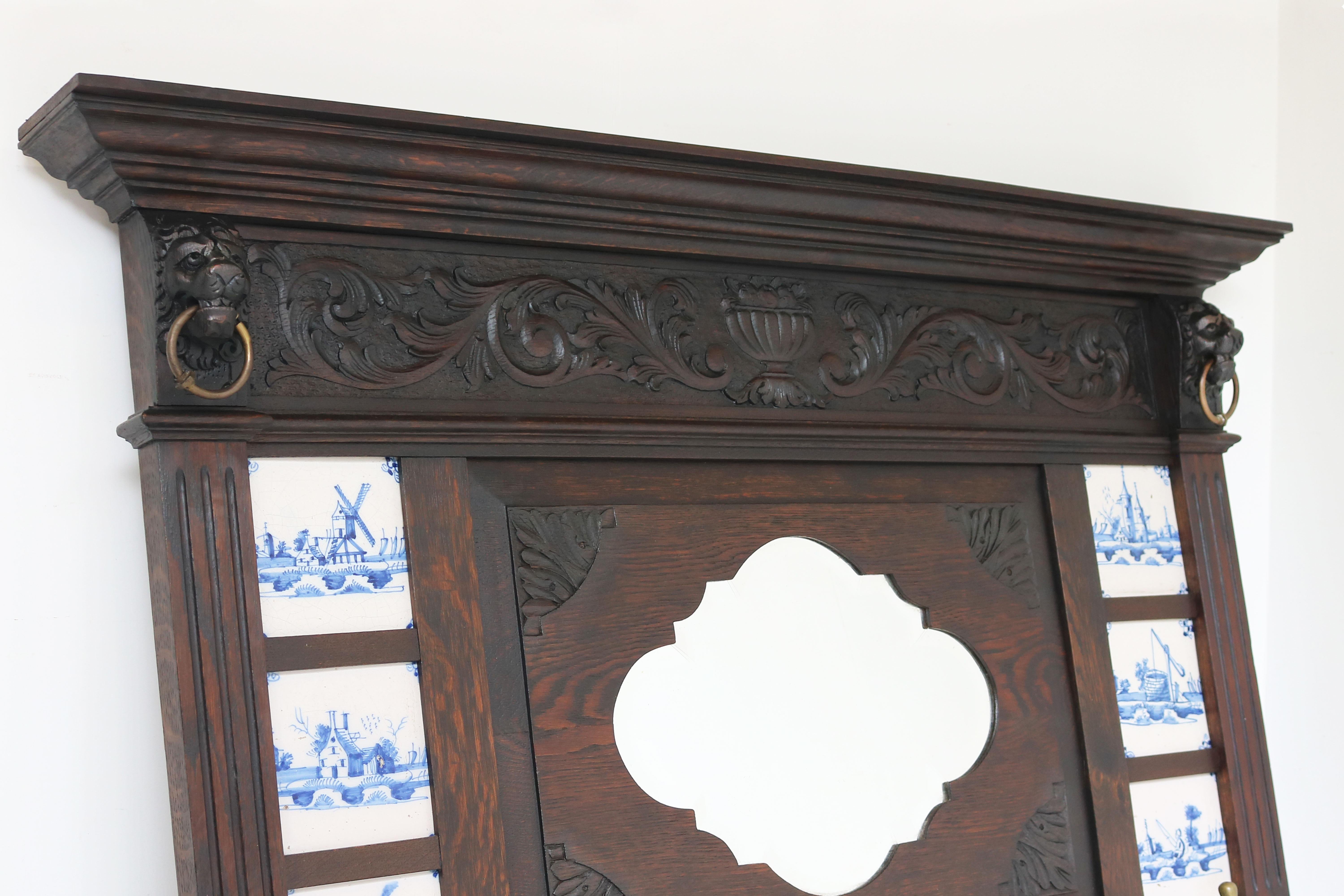 Brass Dutch Renaissance Hallway set Coat Rack & Umbrella Stand 1880 Lions Delft Blue For Sale