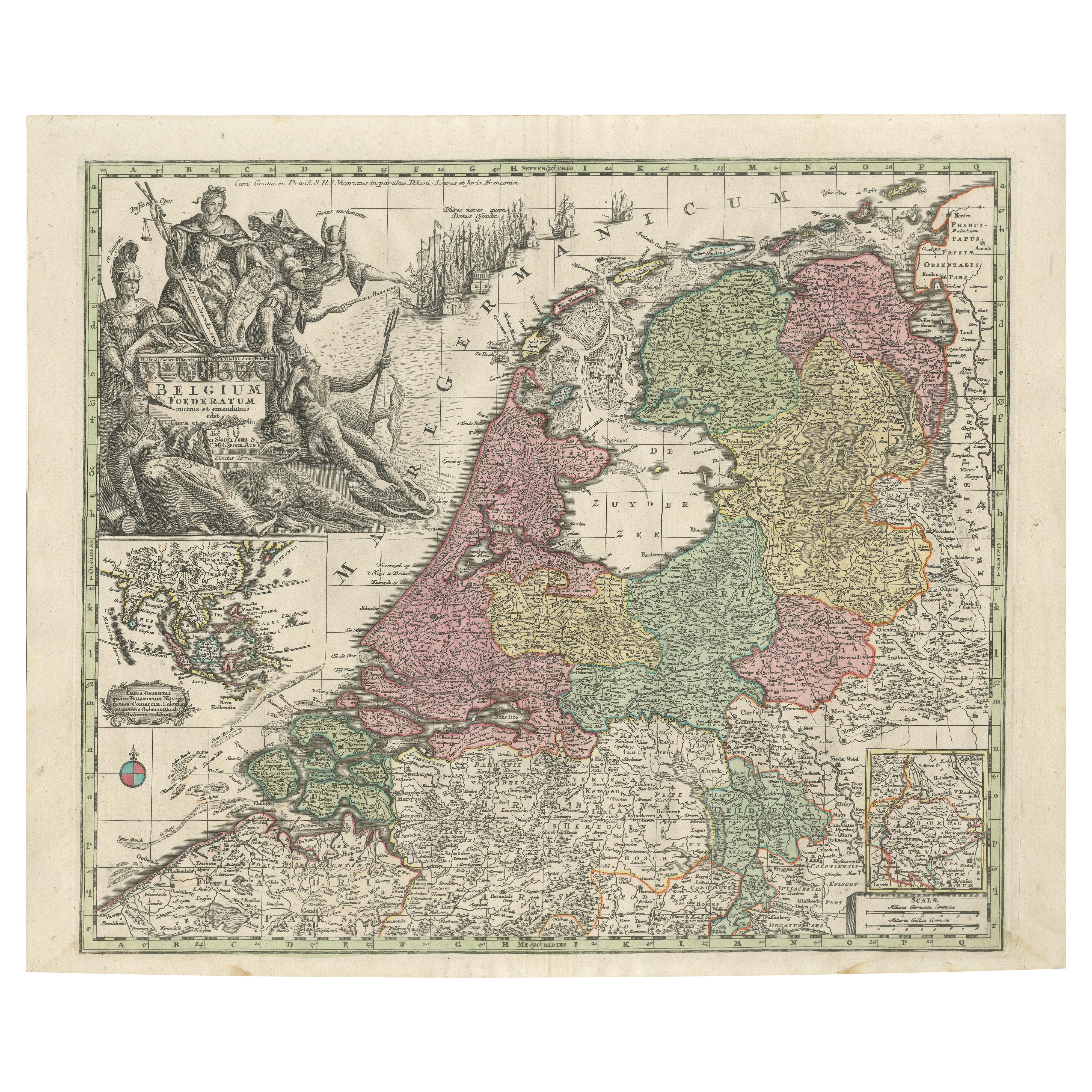 Mappa della Repubblica olandese e delle Indie orientali, Belgio Foederatum di Seutter, 18° secolo in vendita