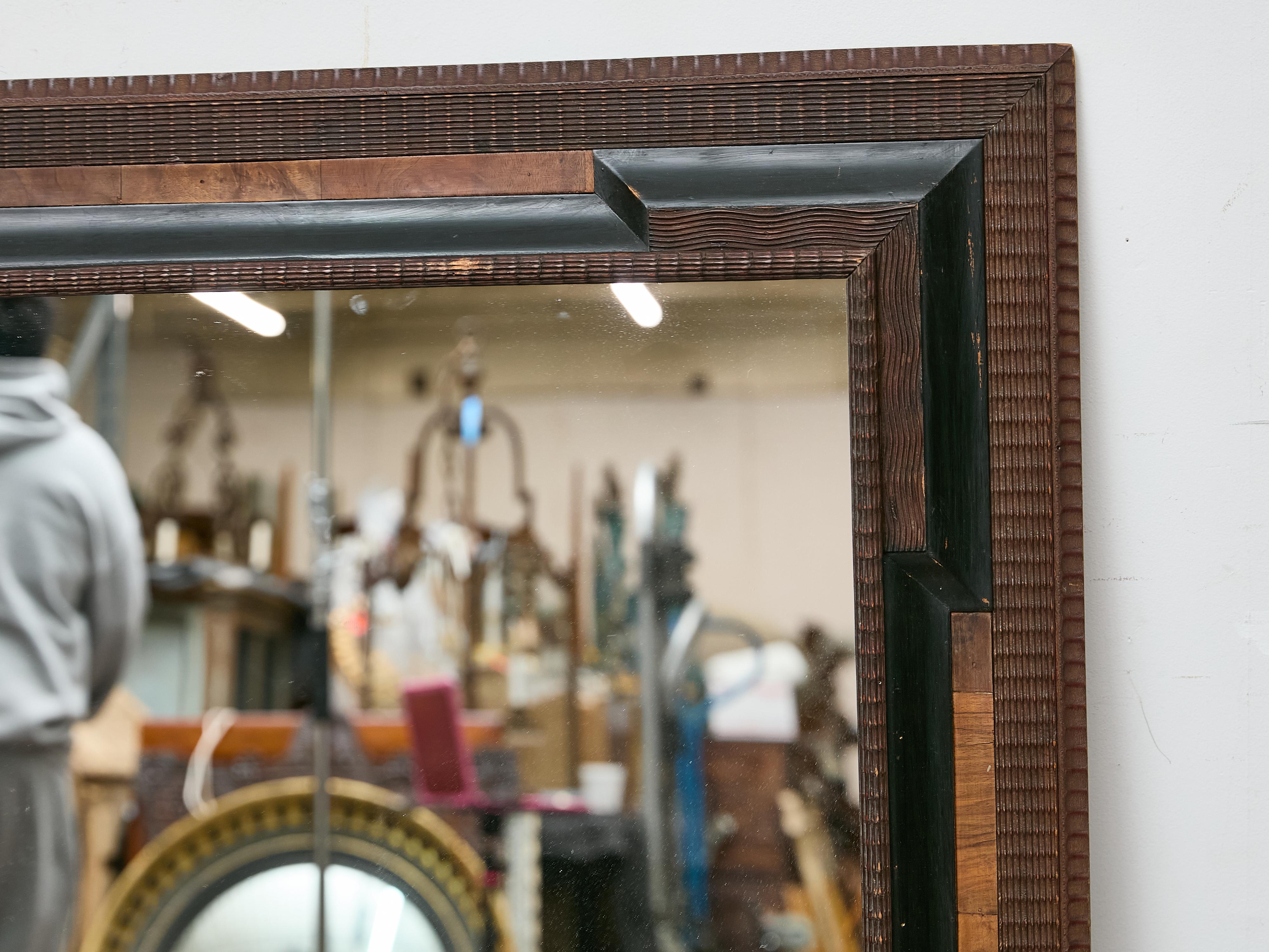 Hand-Carved Dutch Ripple-Molded Mirror with Ebonized Accents and Walnut Inlay, circa 1900 For Sale