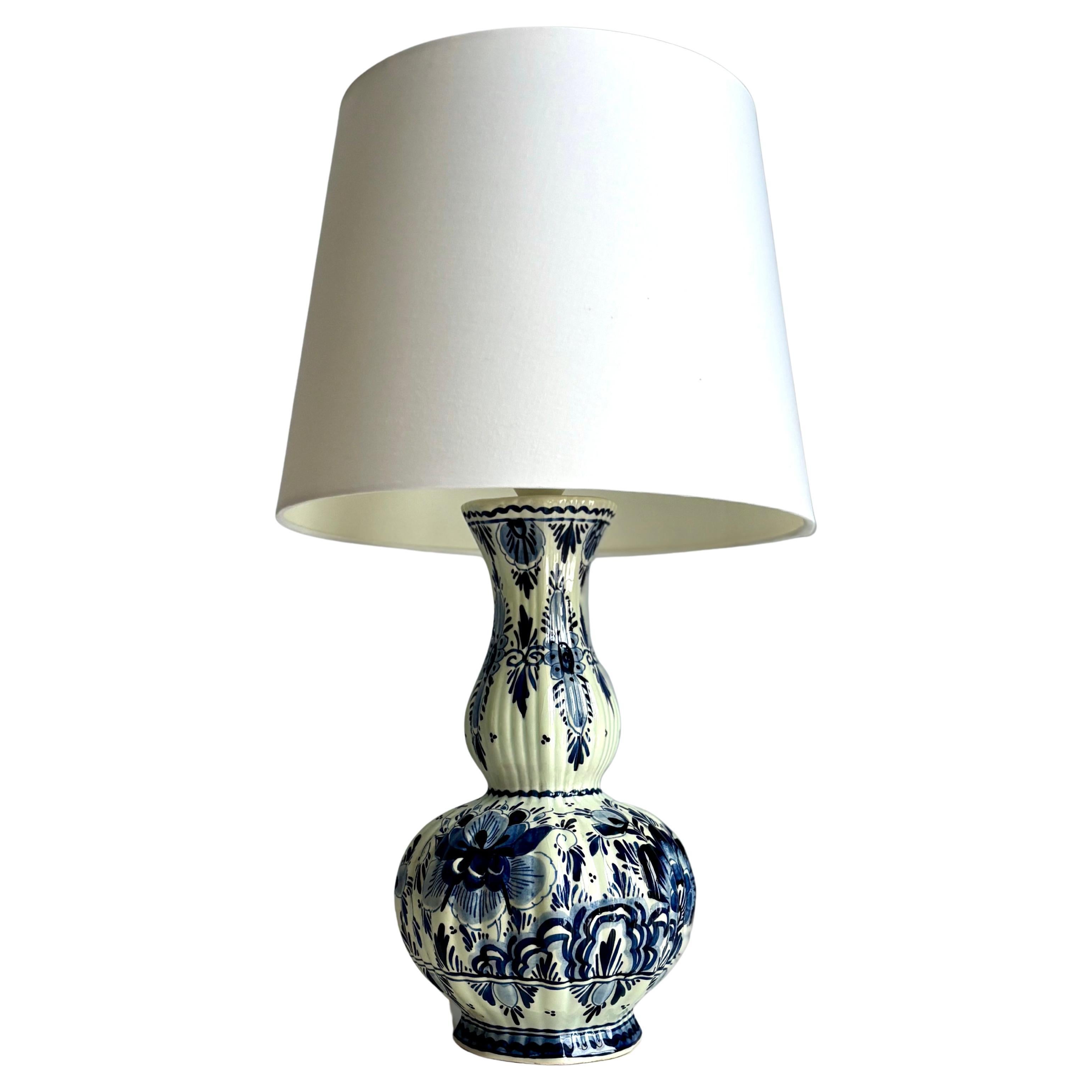 Neoclassical Dutch Delft Table Lamp, Hand-Painted Porcelain, 20th C.