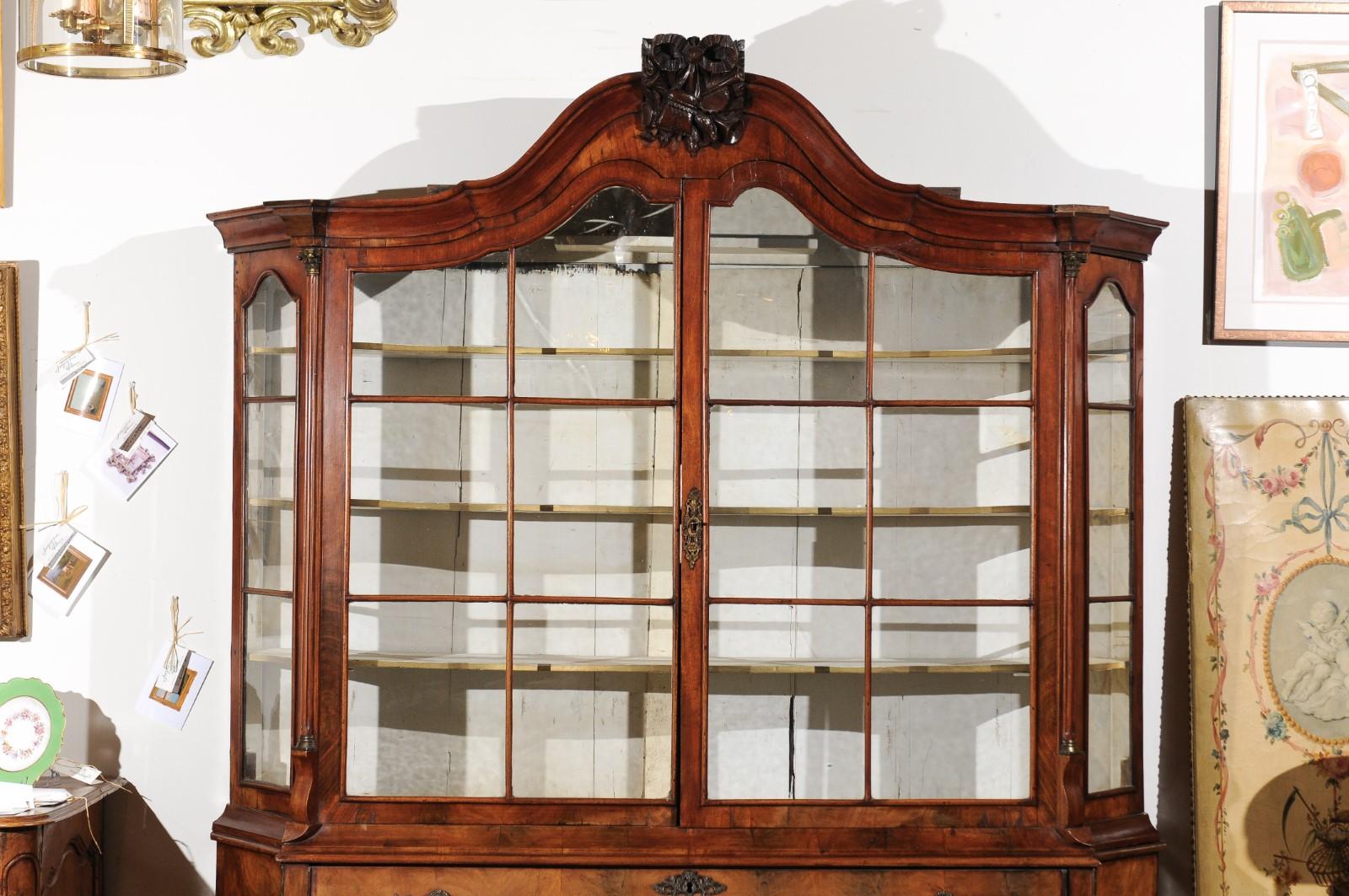 Veneer Dutch Rococo 1780s Walnut Vitrine with Bombé Chest, Glass Doors, Hunting Trophy For Sale