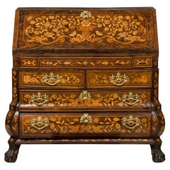 Used Dutch Rococo Bombe Marquetry Inlaid Drop Front Desk / Secretary