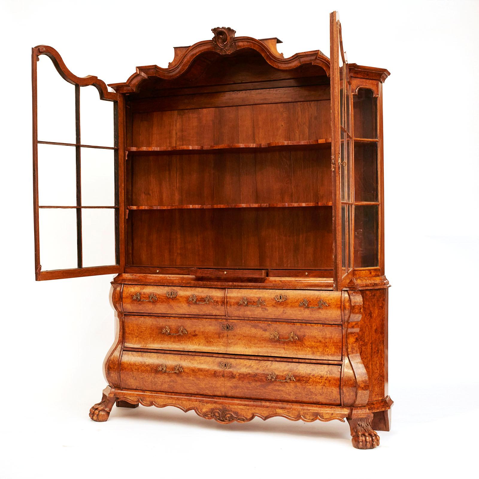 Polished Antique Dutch Rococo Burl Walnut Bookcase Cabinet, circa 1770s For Sale