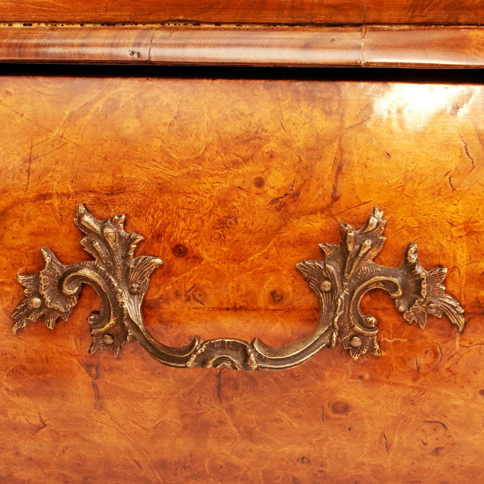 Late 18th Century Dutch Rococo Burl Walnut Bookcase Cabinet w glass doors Approx. 1770 For Sale