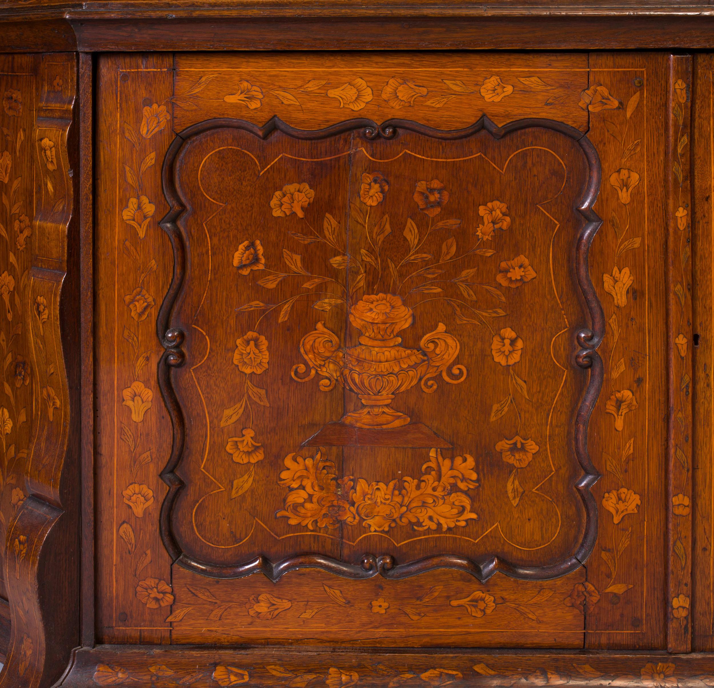 18th Century Dutch Rococo Fruitwood Inlaid Oak Buffet or Bookcase