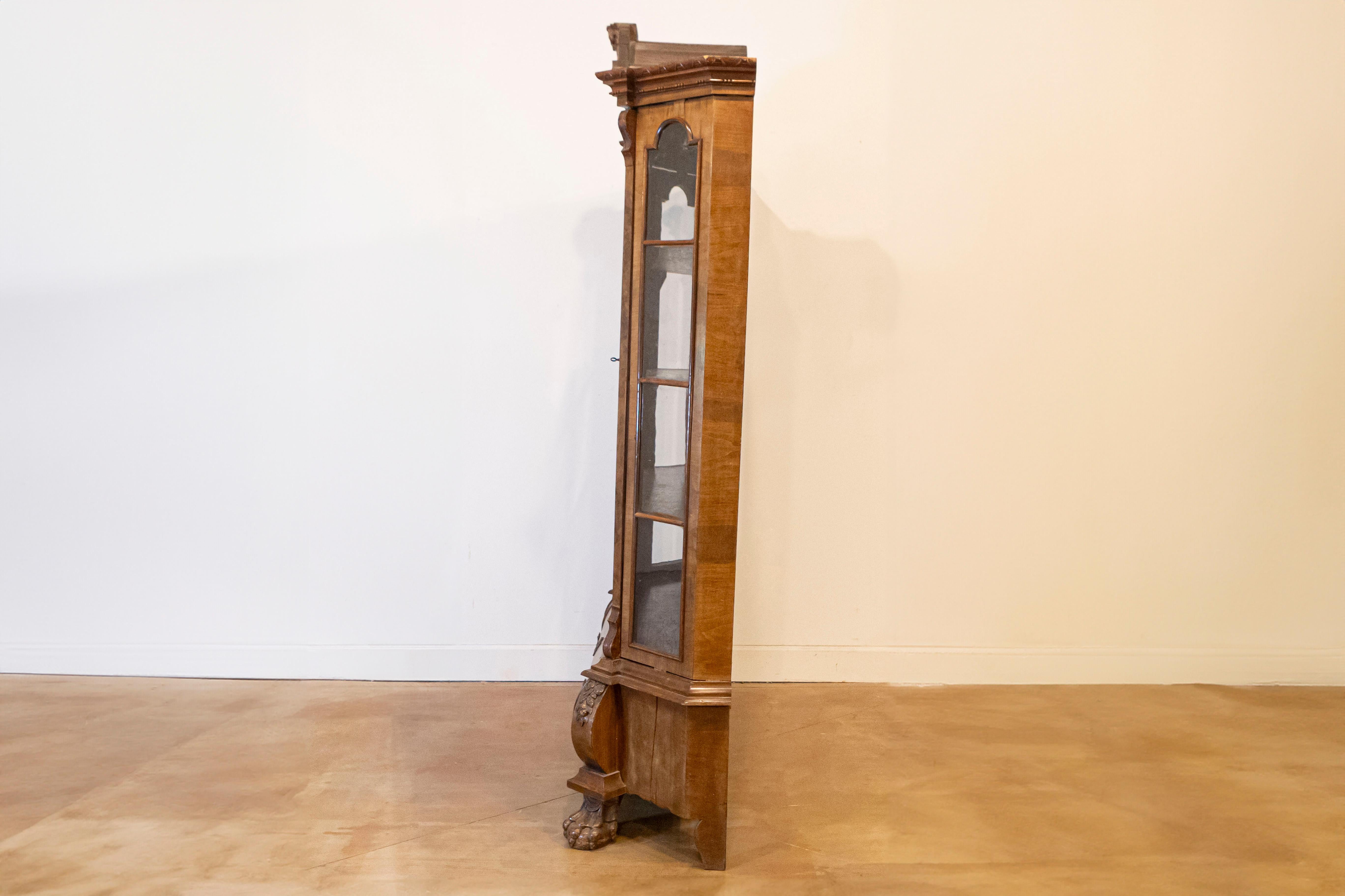 Glass Dutch Rococo Revival 1890s Bombé Vitrine Display Cabinet with Carved Medallion For Sale