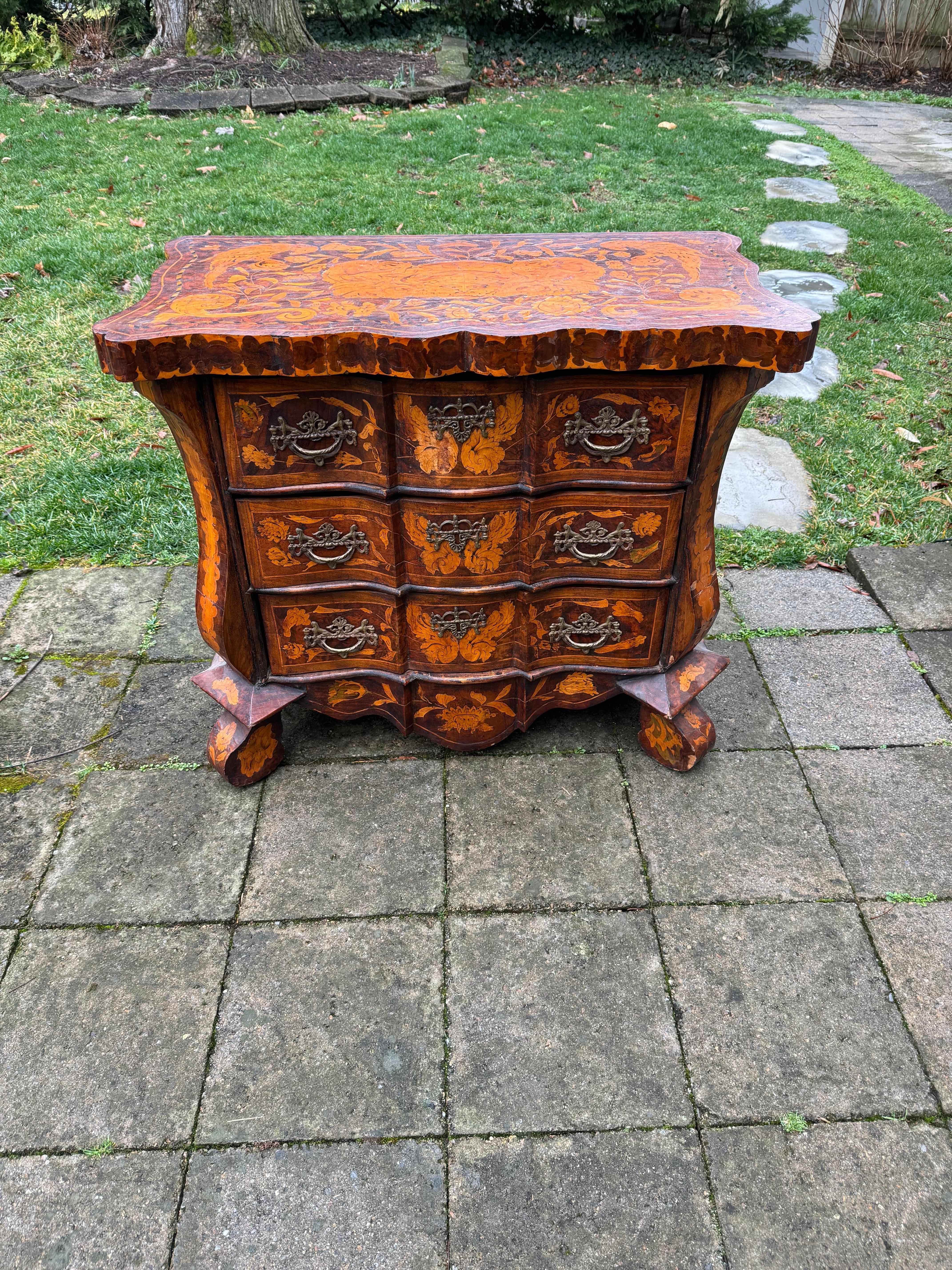 Unknown Dutch Rococo Style Satinwood Marquetry Burl Mahogany Commode/Dresser  For Sale