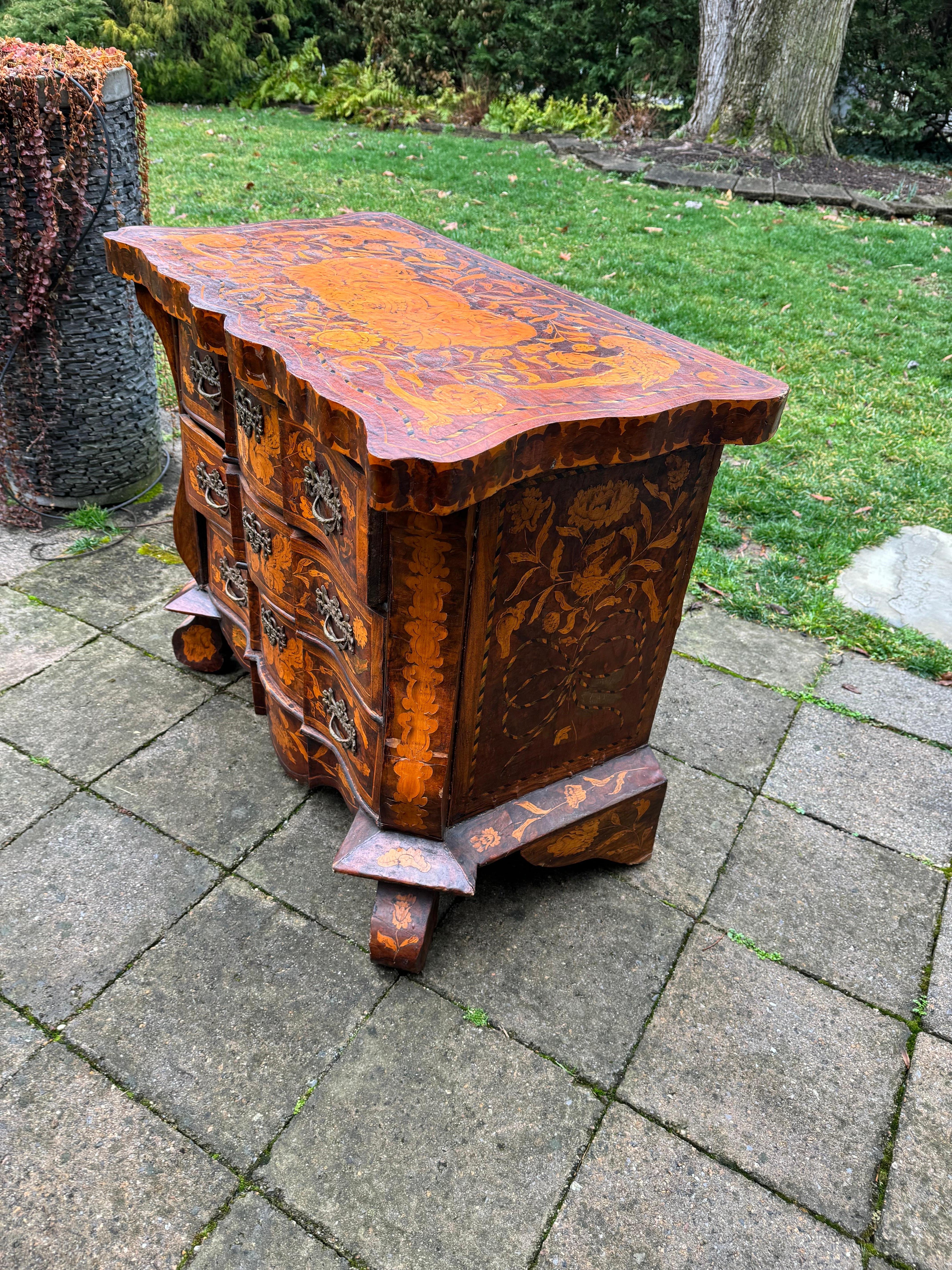 19th Century Dutch Rococo Style Satinwood Marquetry Burl Mahogany Commode/Dresser  For Sale
