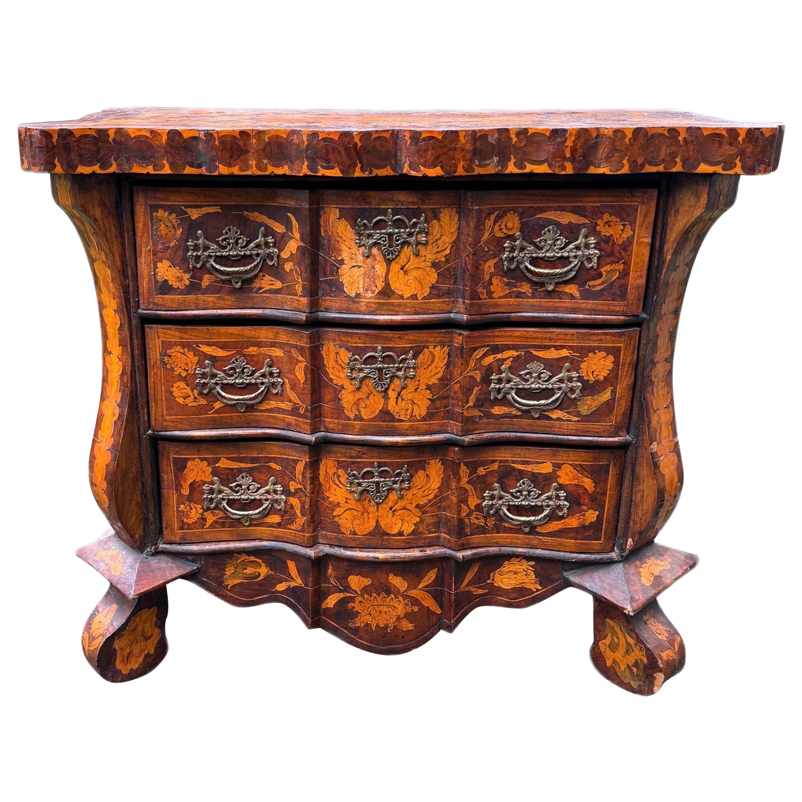 Dutch Rococo Style Satinwood Marquetry Burl Mahogany Commode/Dresser For Sale