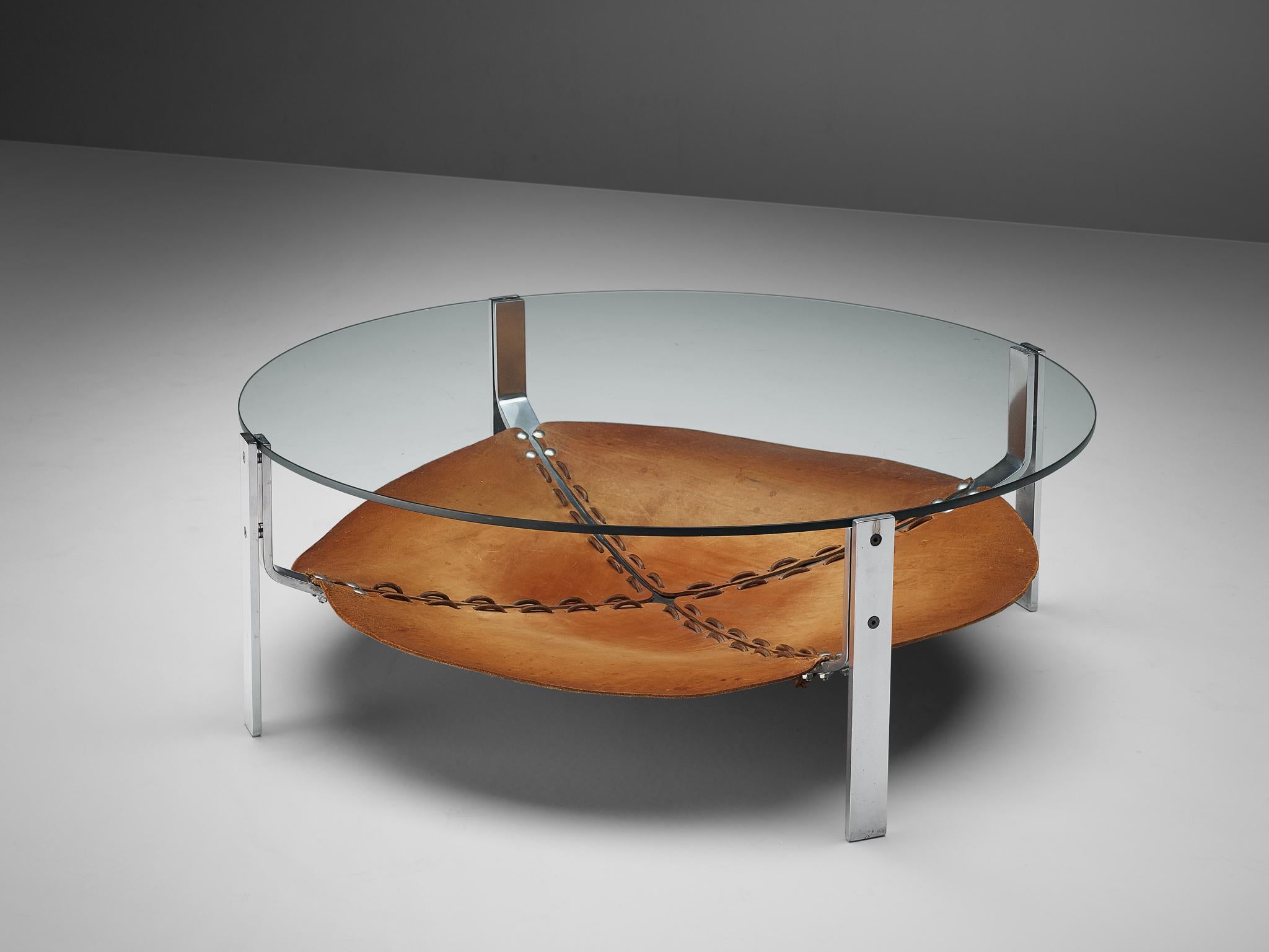 Dutch Round Coffee Table Cognac Leather and Steel In Good Condition In Waalwijk, NL