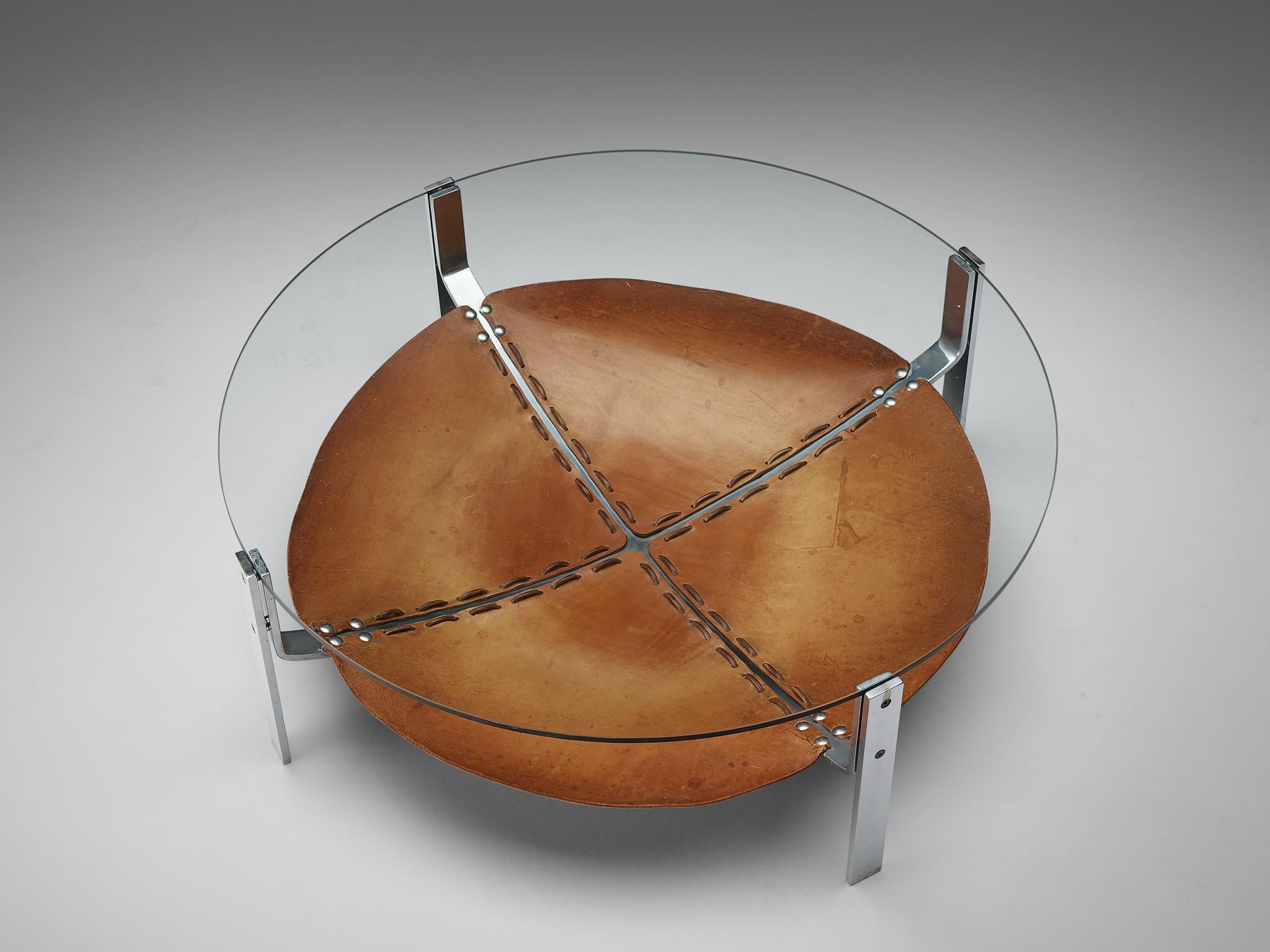 Dutch Round Coffee Table Cognac Leather and Steel 1