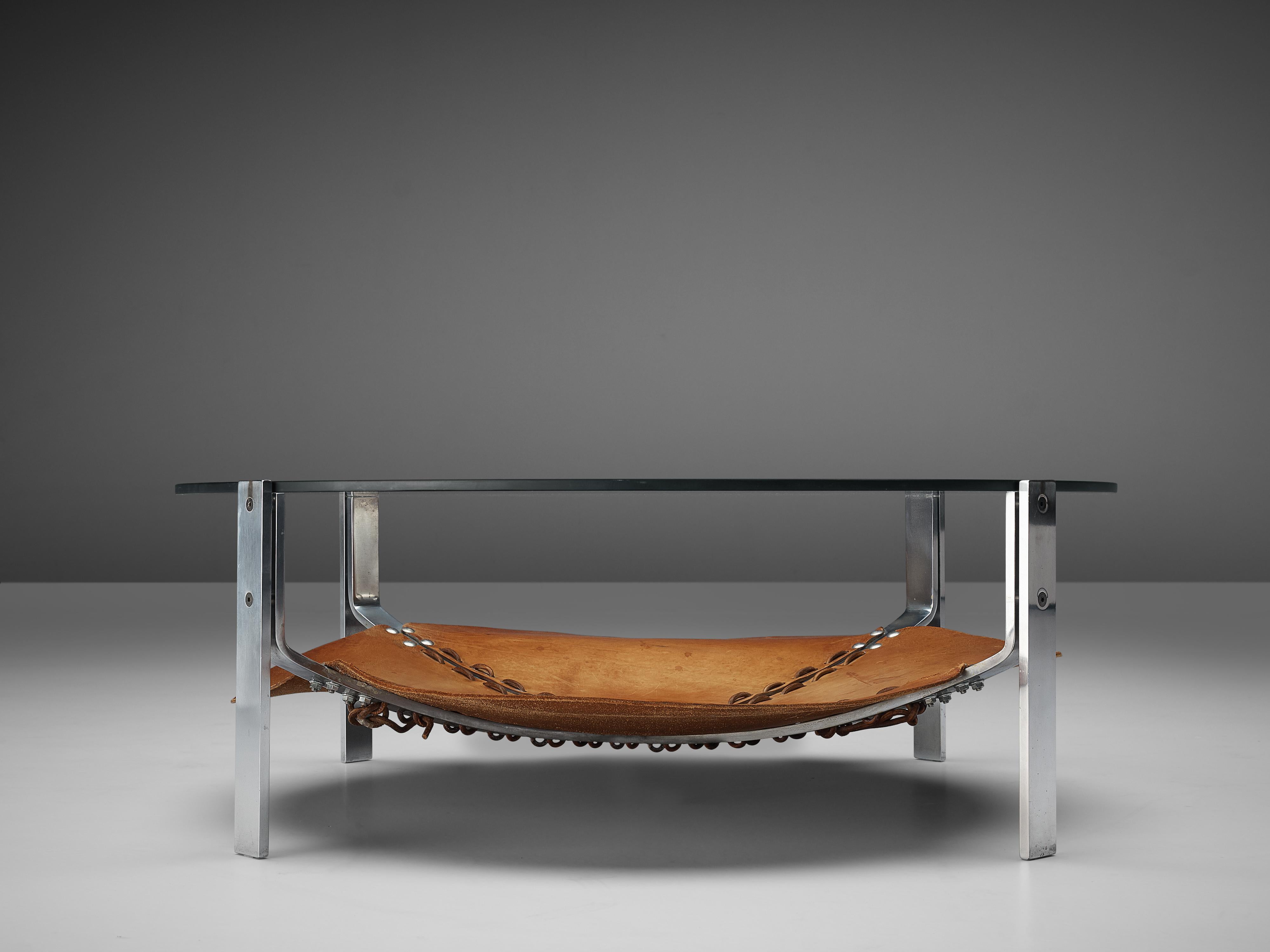 Dutch Round Coffee Table in Cognac Leather and Steel 3