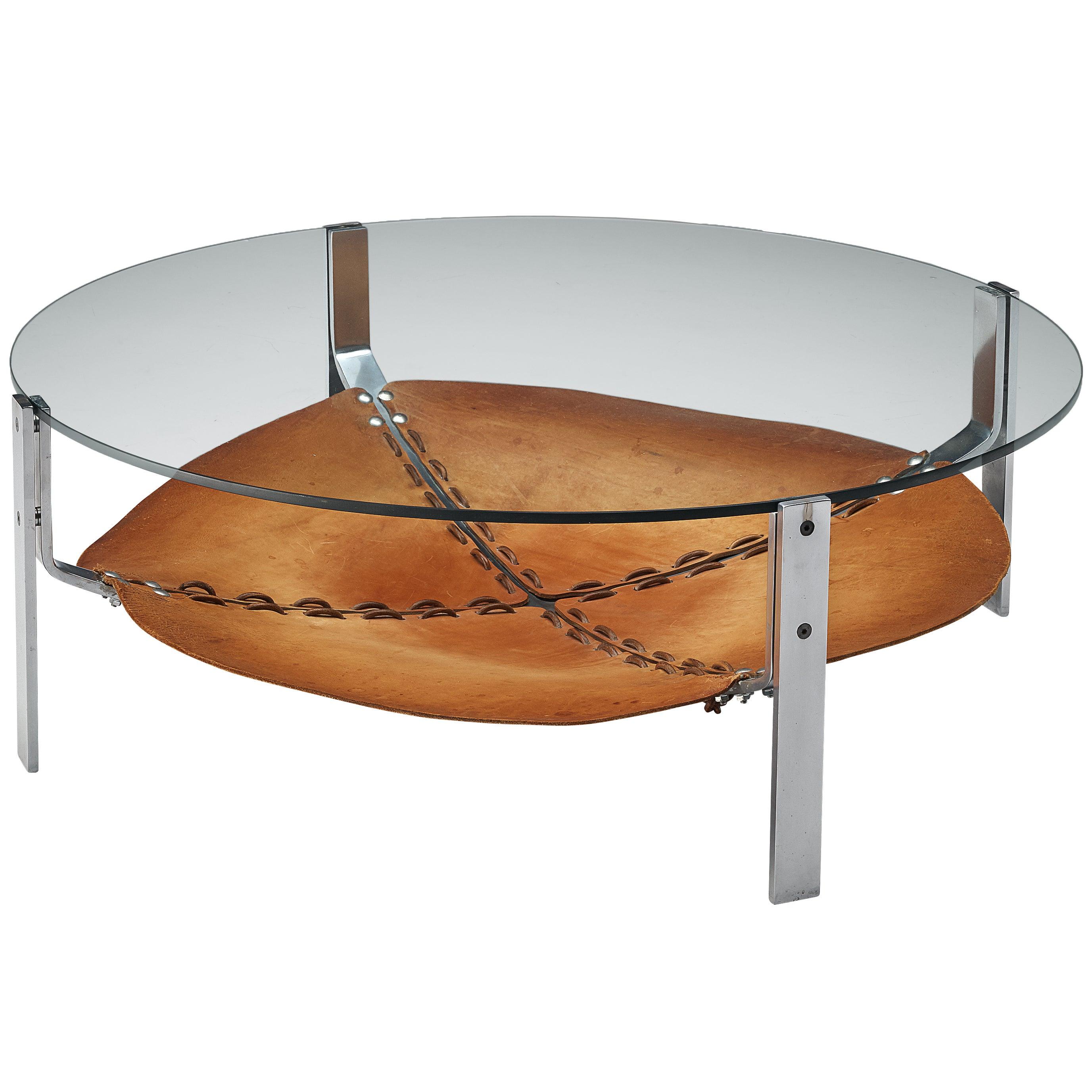 Dutch Round Coffee Table in Cognac Leather and Steel