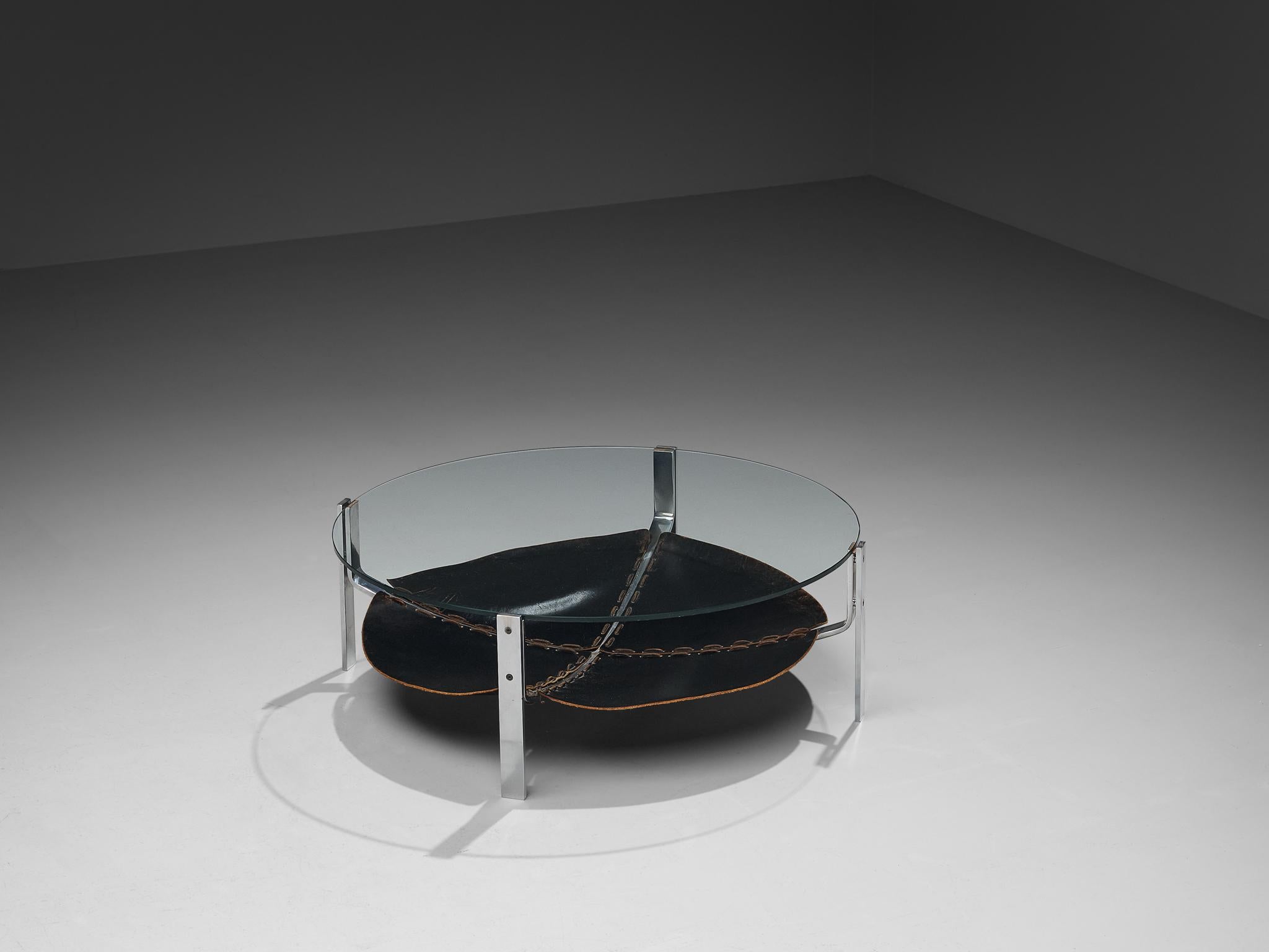 Dutch Round Coffee Table in Black Leather and Steel  5