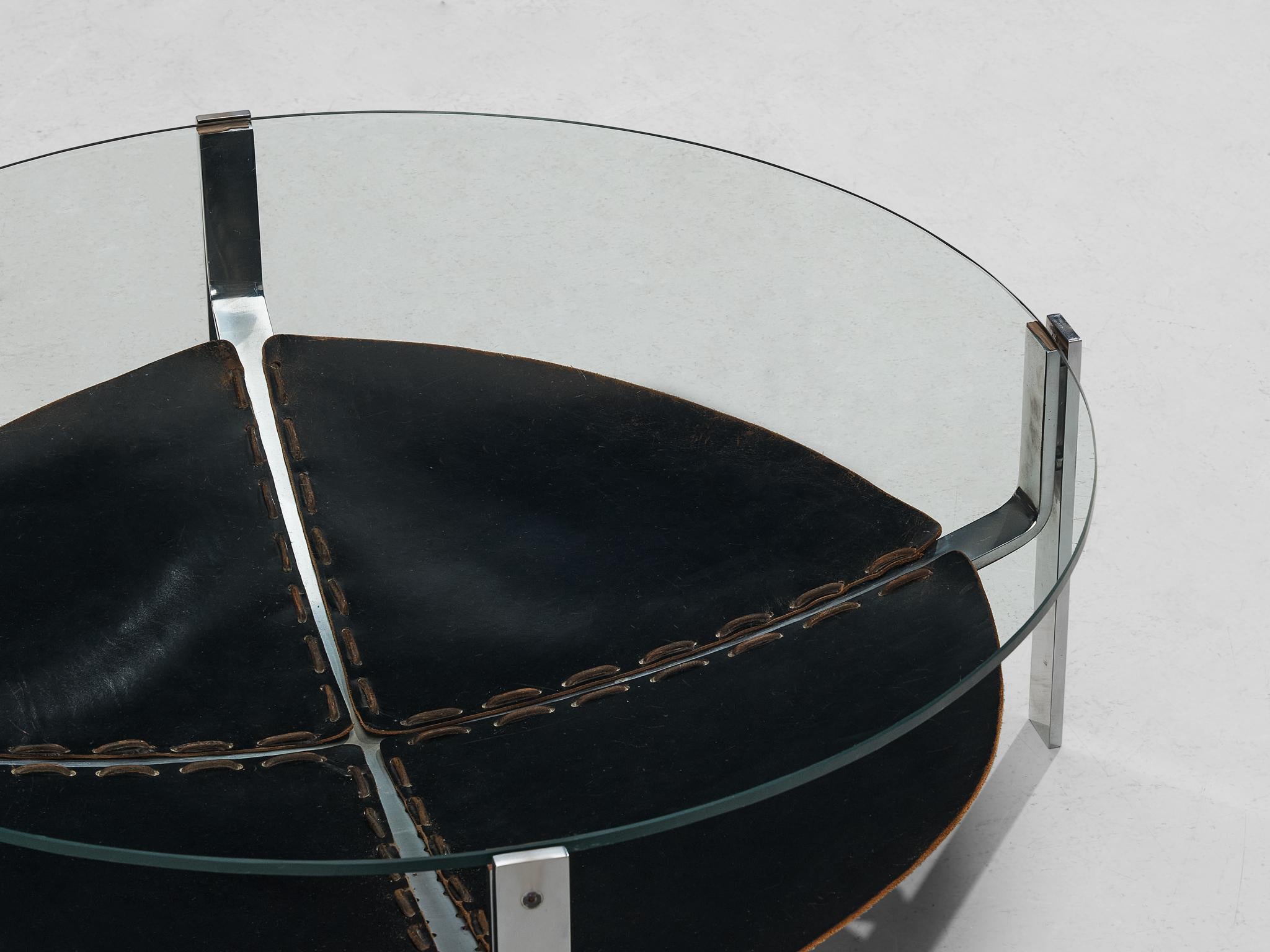 Dutch Round Coffee Table in Black Leather and Steel  In Good Condition In Waalwijk, NL