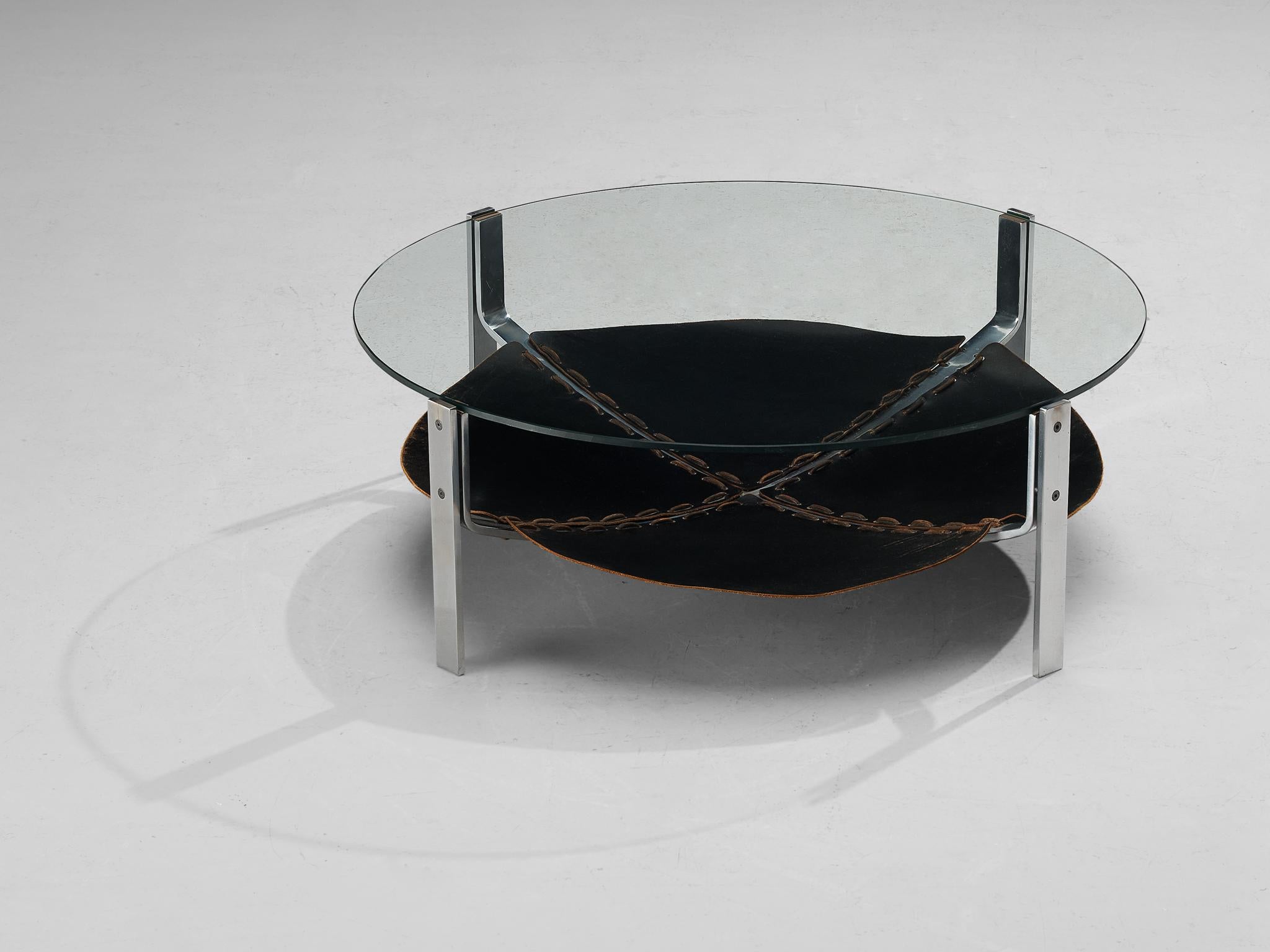 Late 20th Century Dutch Round Coffee Table in Black Leather and Steel 