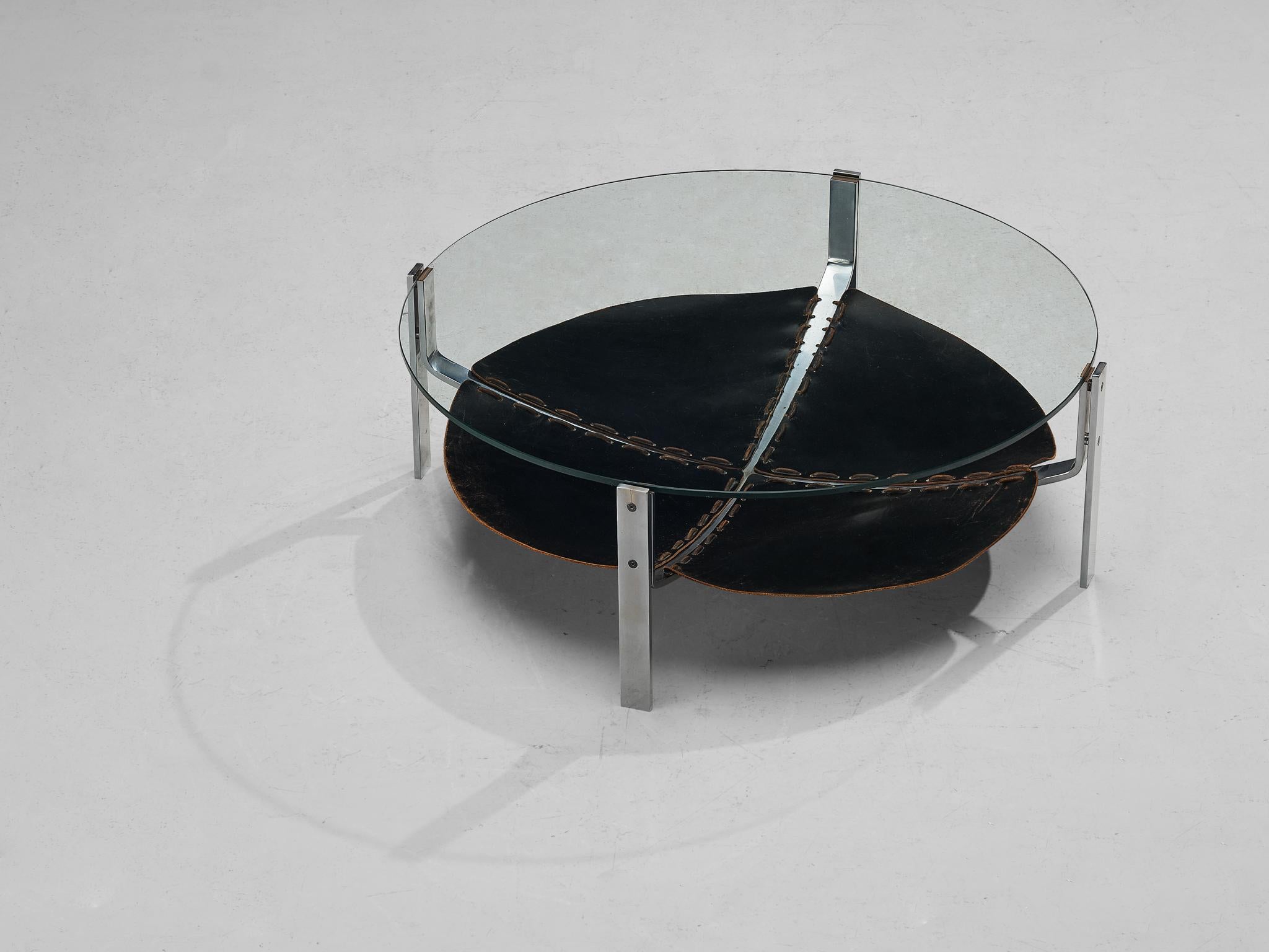 Dutch Round Coffee Table in Black Leather and Steel  2