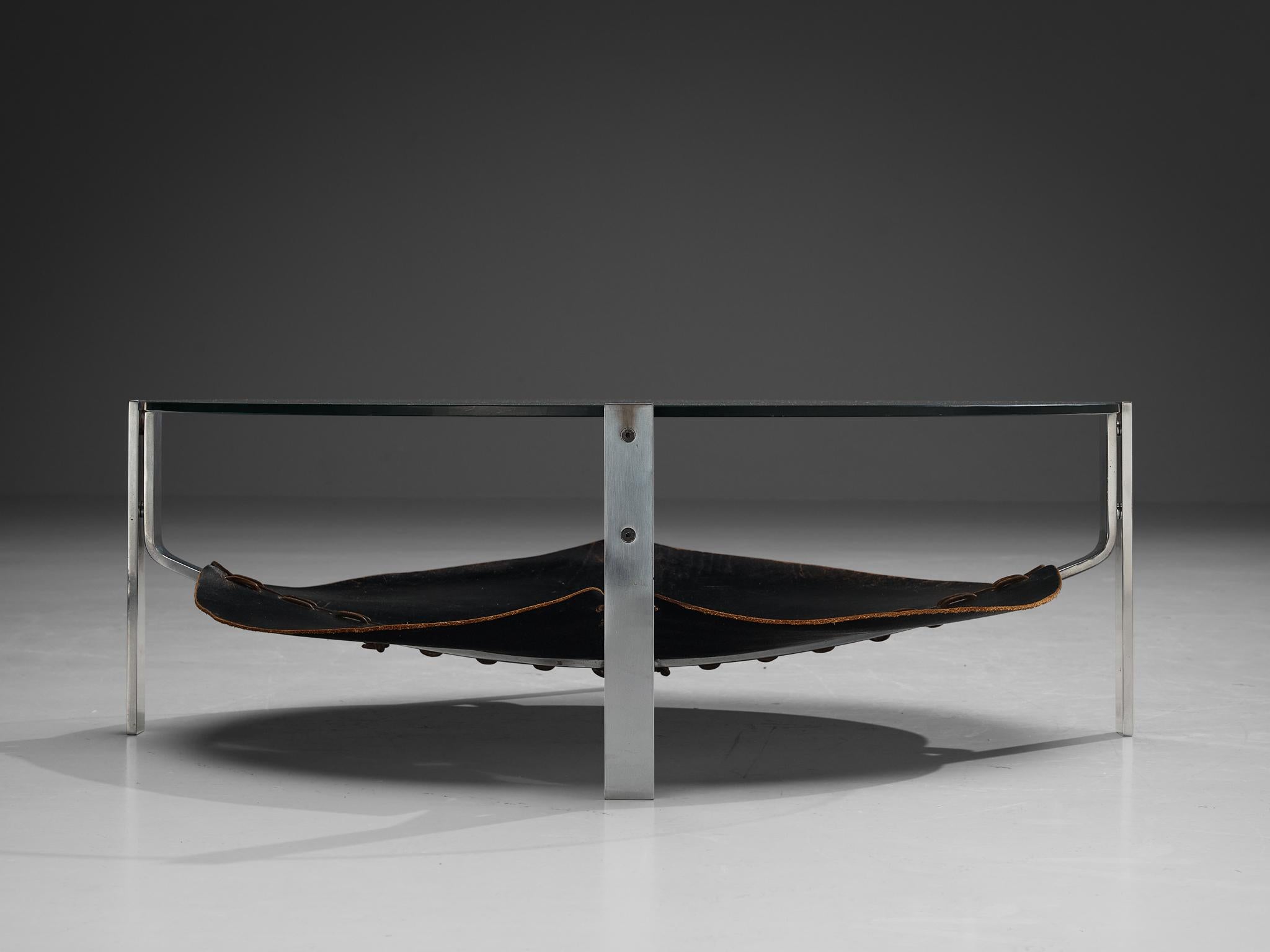 Dutch Round Coffee Table in Black Leather and Steel  3