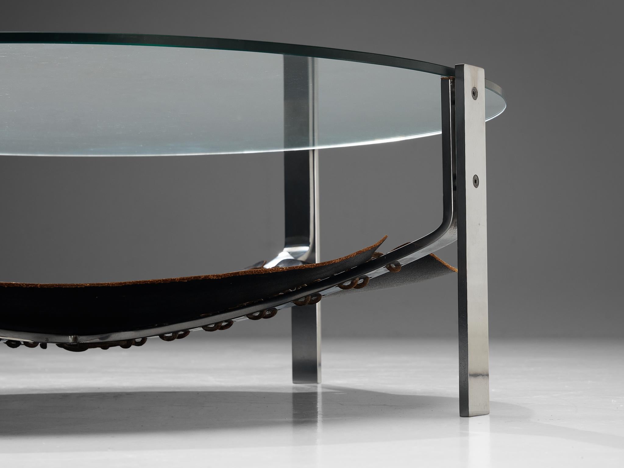 Dutch Round Coffee Table in Black Leather and Steel  4
