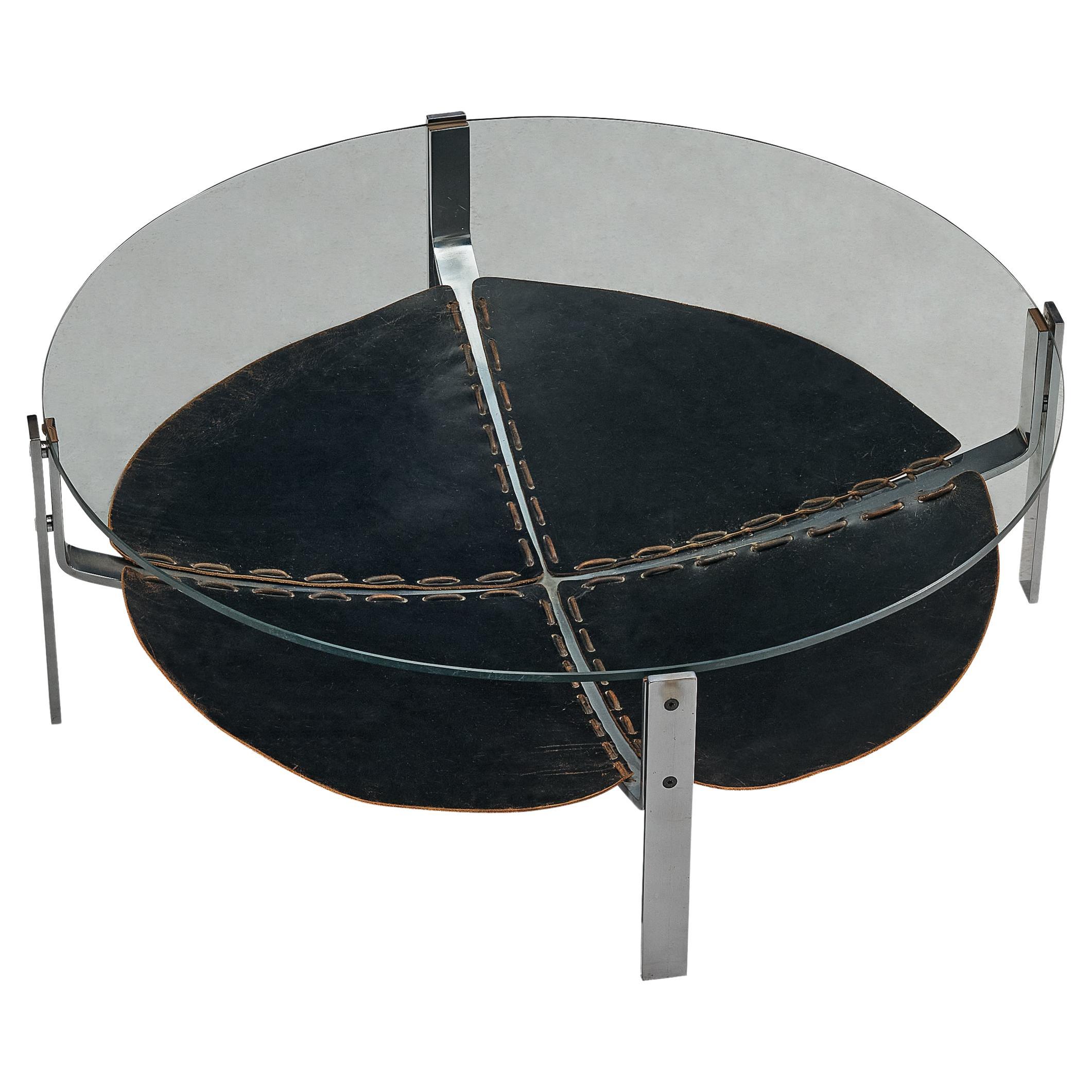 Dutch Round Coffee Table in Black Leather and Steel 