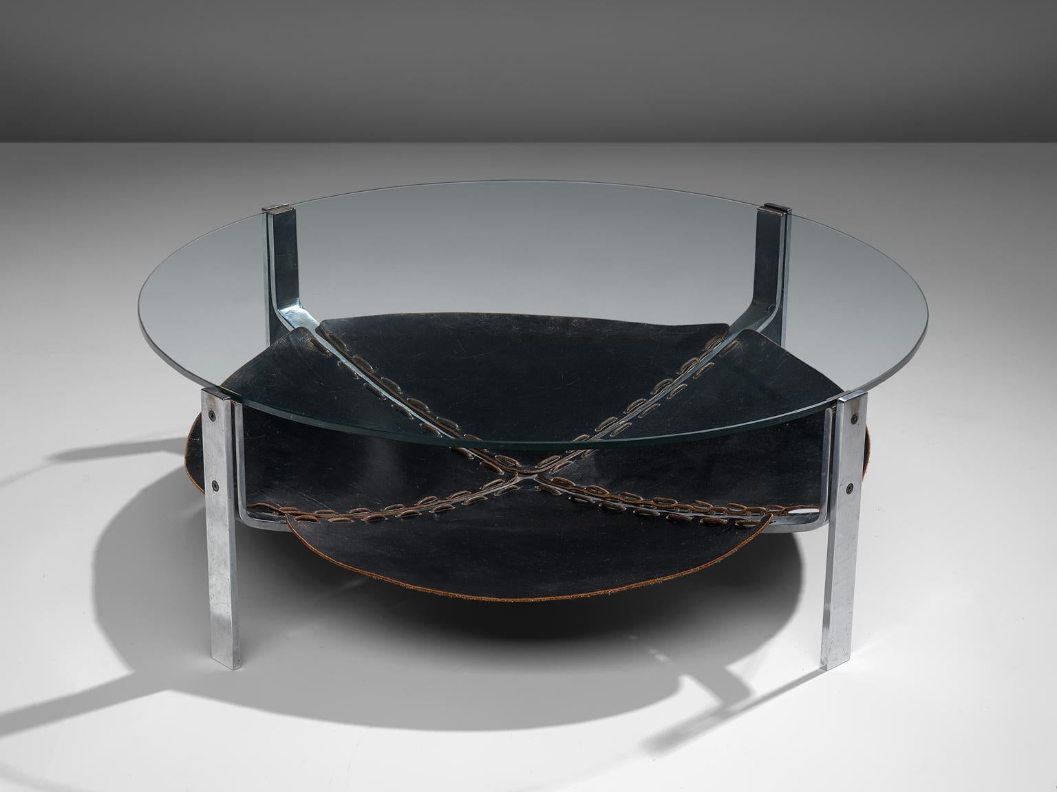 Late 20th Century Dutch Round Coffee Table in Black Leather and Steel