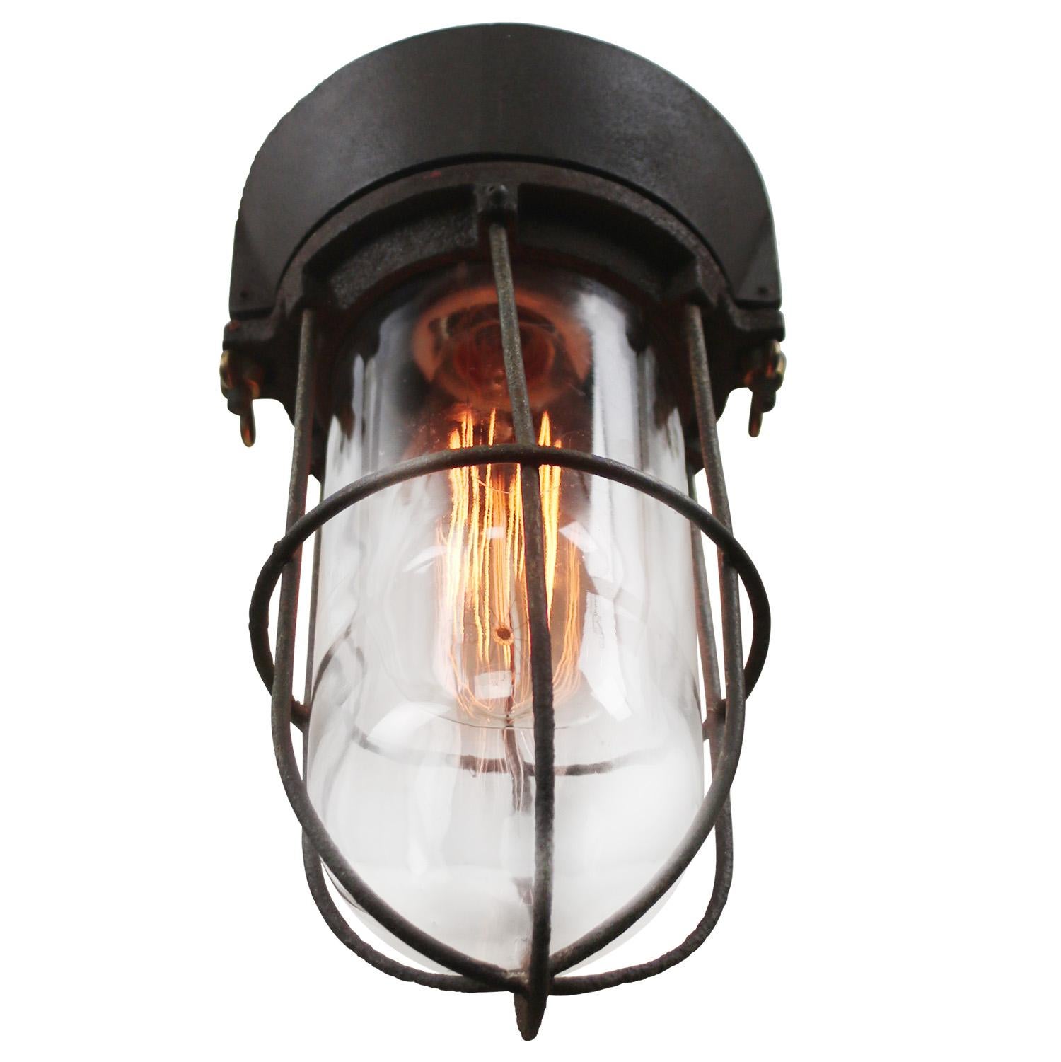 20th Century Dutch Rust Brown Vintage Industrial Clear Glass Cast Iron Wall Lamp Scone For Sale