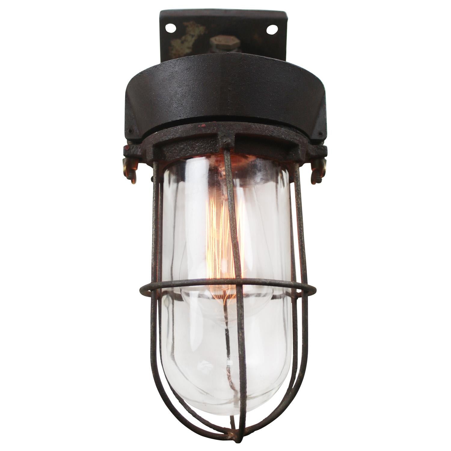 Dutch Rust Brown Vintage Industrial Clear Glass Cast Iron Wall Lamp Scone For Sale 1