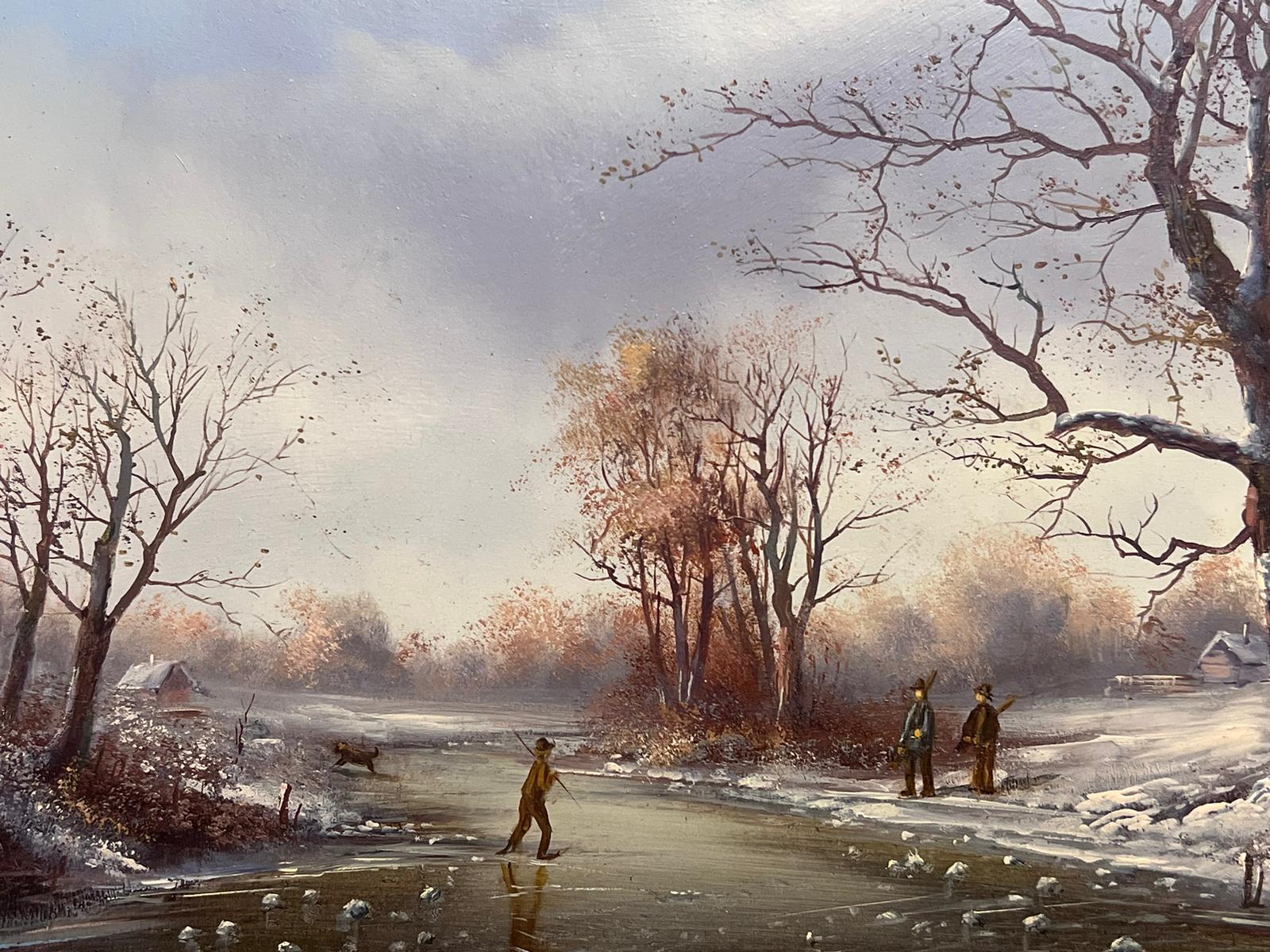 Figures on the Frozen Lake Traditional Dutch Winter Scene Oil Painting For Sale 1