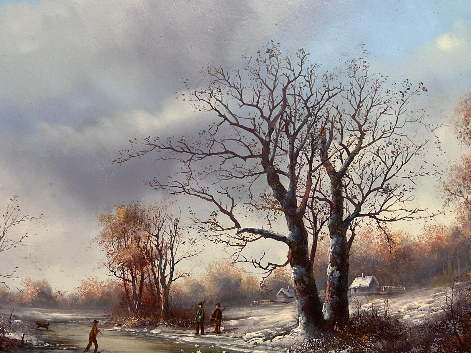 Figures on the Frozen Lake Traditional Dutch Winter Scene Oil Painting For Sale 2