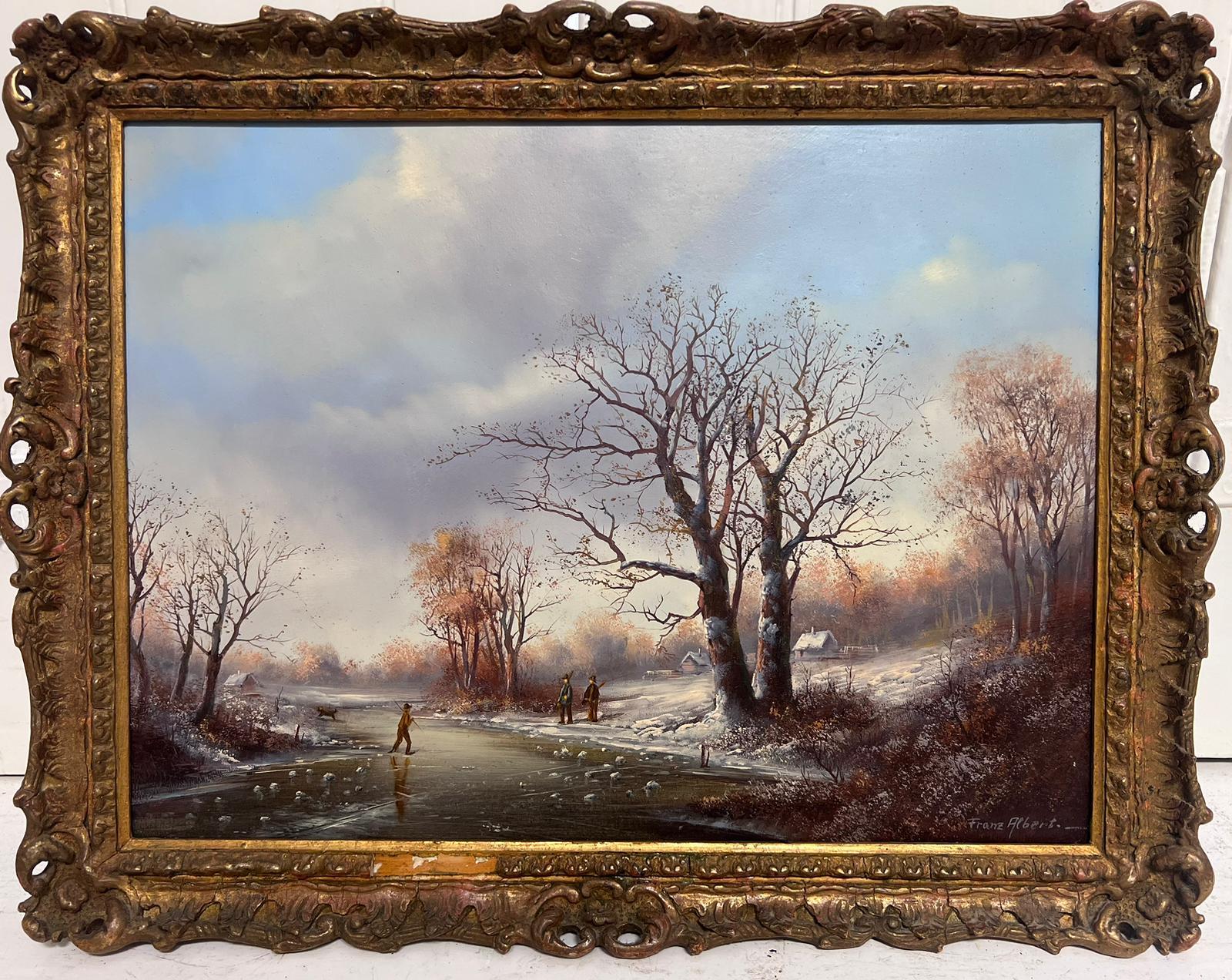 Dutch School Figurative Painting - Figures on the Frozen Lake Traditional Dutch Winter Scene Oil Painting