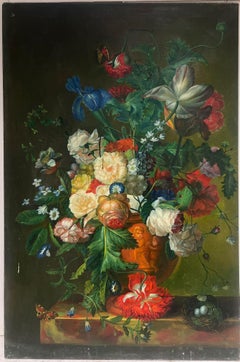 Large Classical Still Life Ornate Flowers & Birds Nest Oil Painting on Canvas