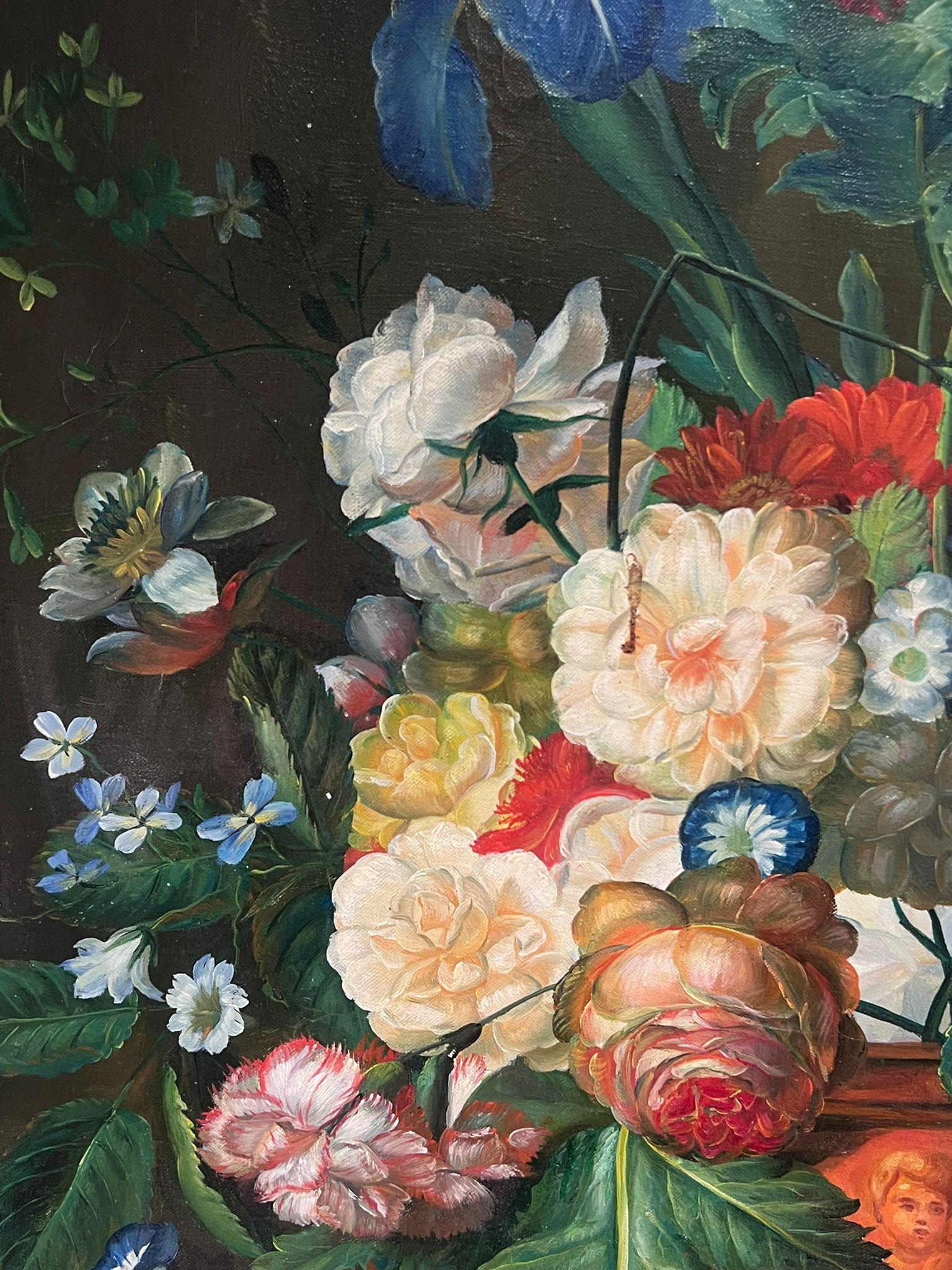 Gran bodegón clásico Flores ornamentadas y nido de pájaros Pintura al óleo sobre lienzo - Still-Life Painting Negro de Dutch School