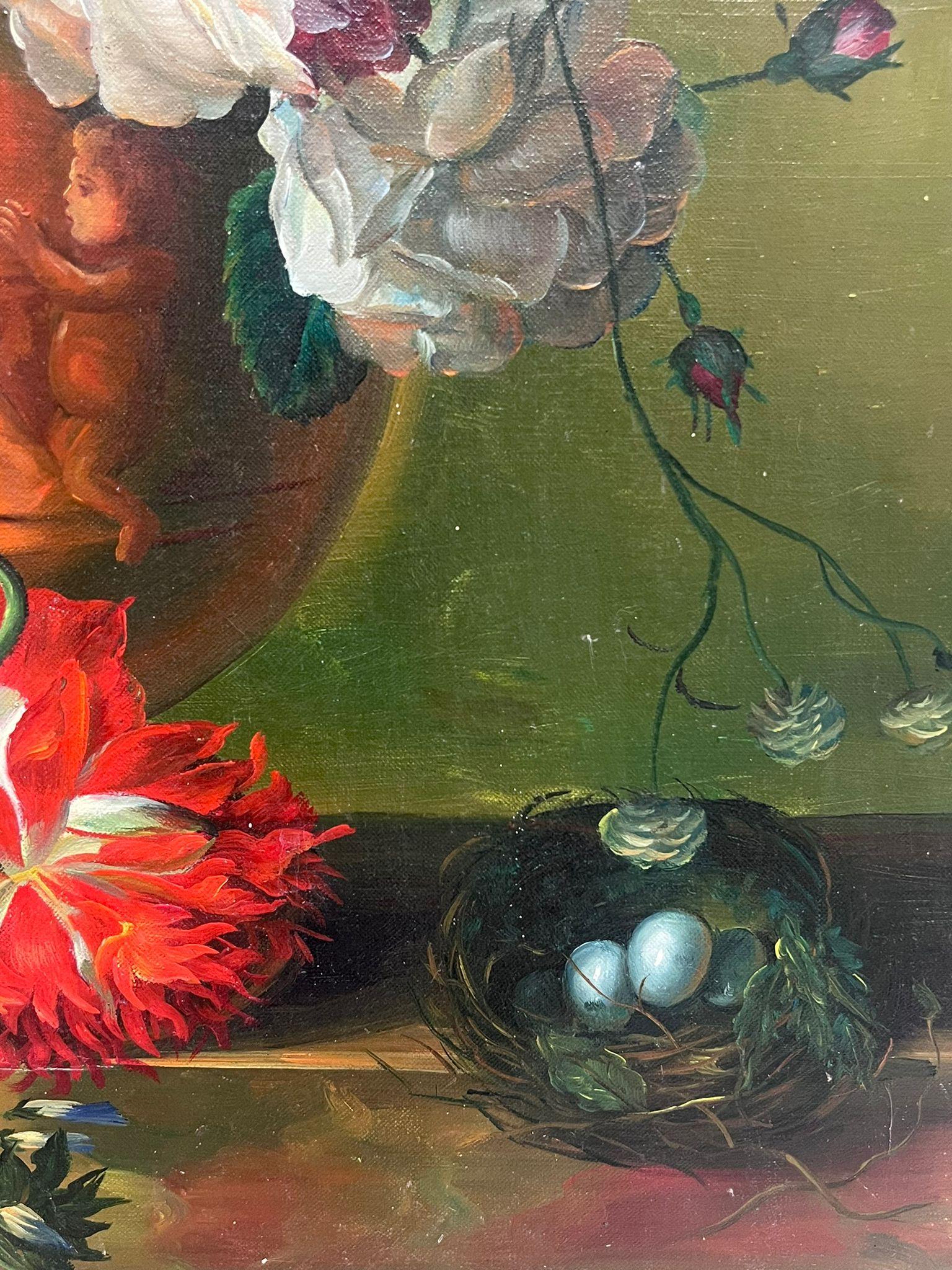 Gran bodegón clásico Flores ornamentadas y nido de pájaros Pintura al óleo sobre lienzo en venta 2
