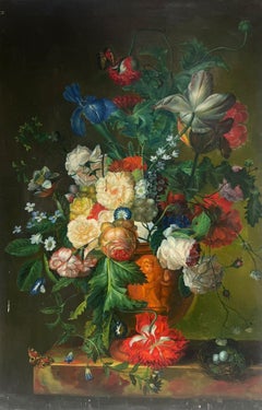 Gran bodegón clásico Flores ornamentadas y nido de pájaros Pintura al óleo sobre lienzo
