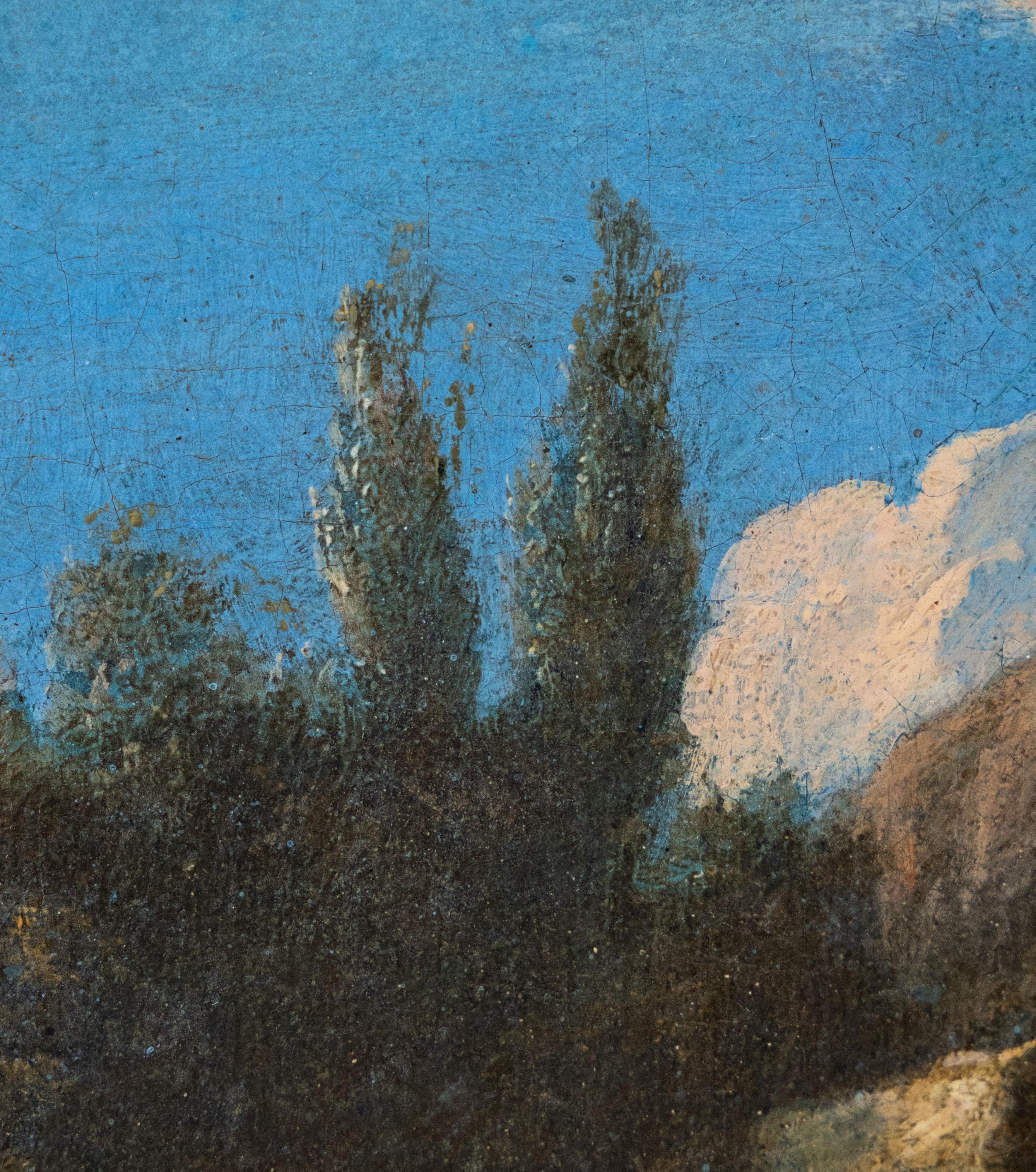 Diese dramatische Landschaft, die der holländischen Schule des 17. Jahrhunderts zugeschrieben wird, ist ein Beispiel für die barocke Faszination für die Grandeur und die theatralischen Kontraste der Natur. Die Komposition zeigt eine zerklüftete