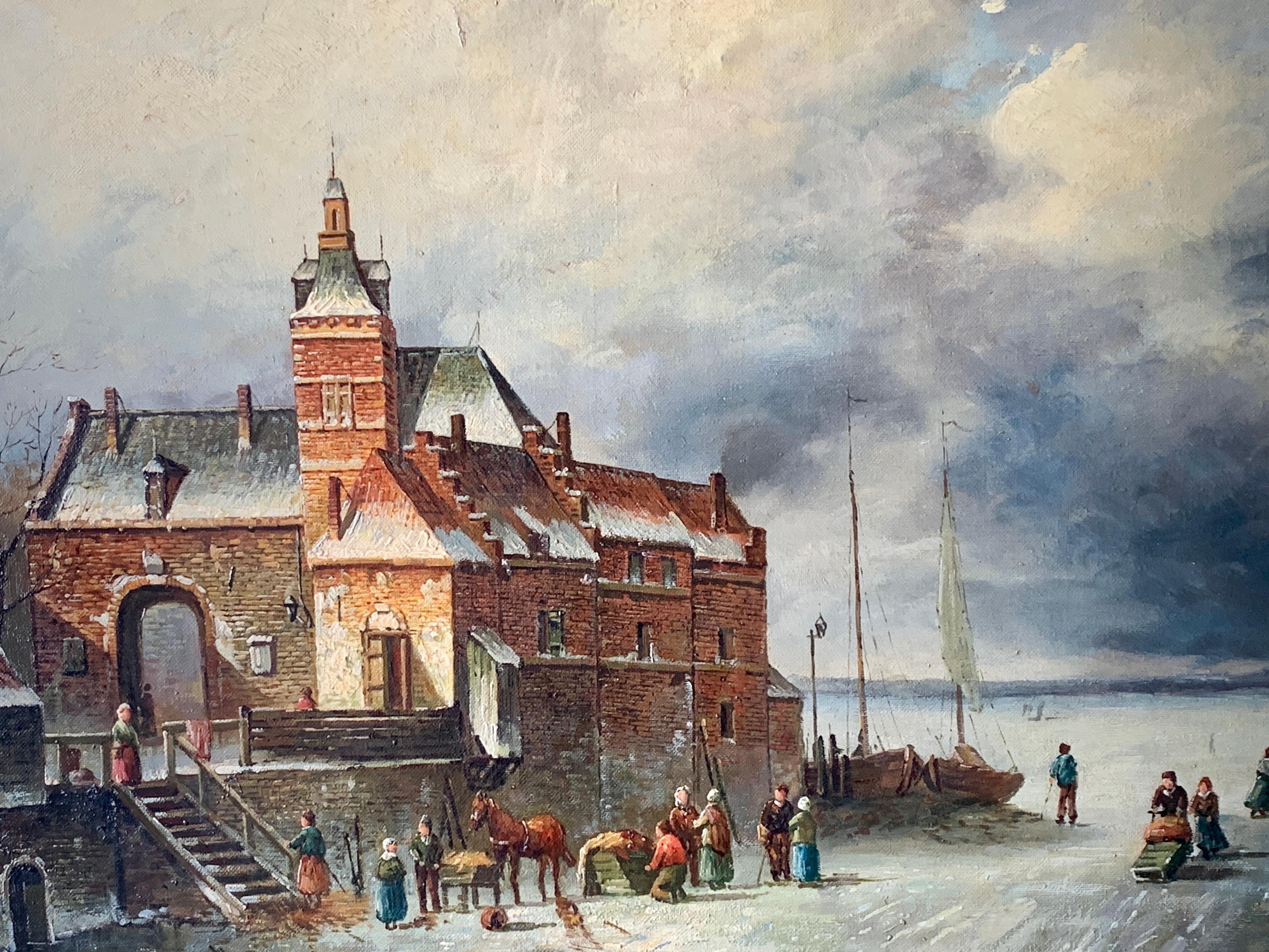 Figuras en un lago helado con castillo, barcos de pesca, patinadores, caballos y una tormenta - Painting de Dutch School