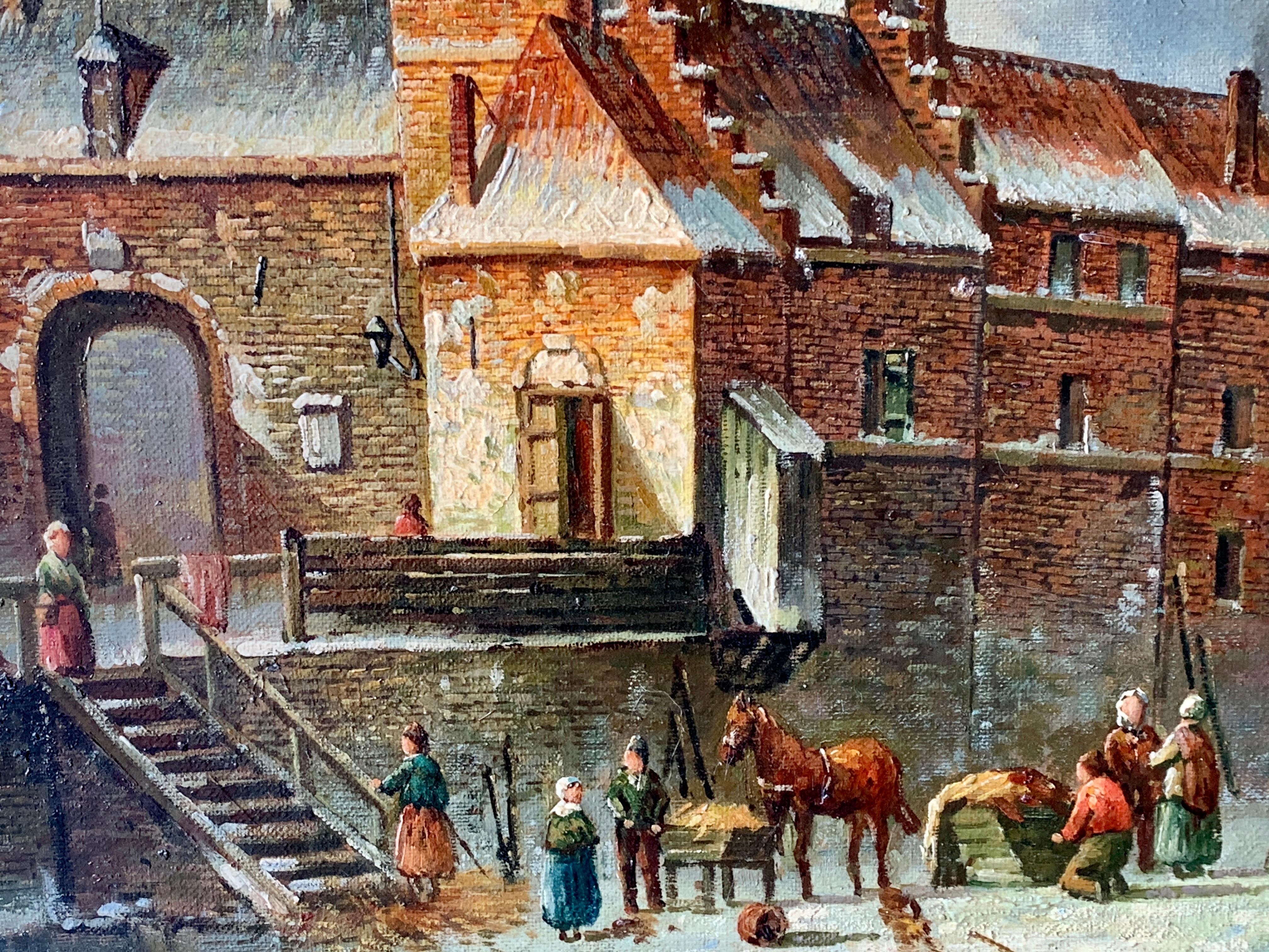 Figuras en un lago helado con castillo, barcos de pesca, patinadores, caballos y una tormenta - Painting Victoriano de Dutch School