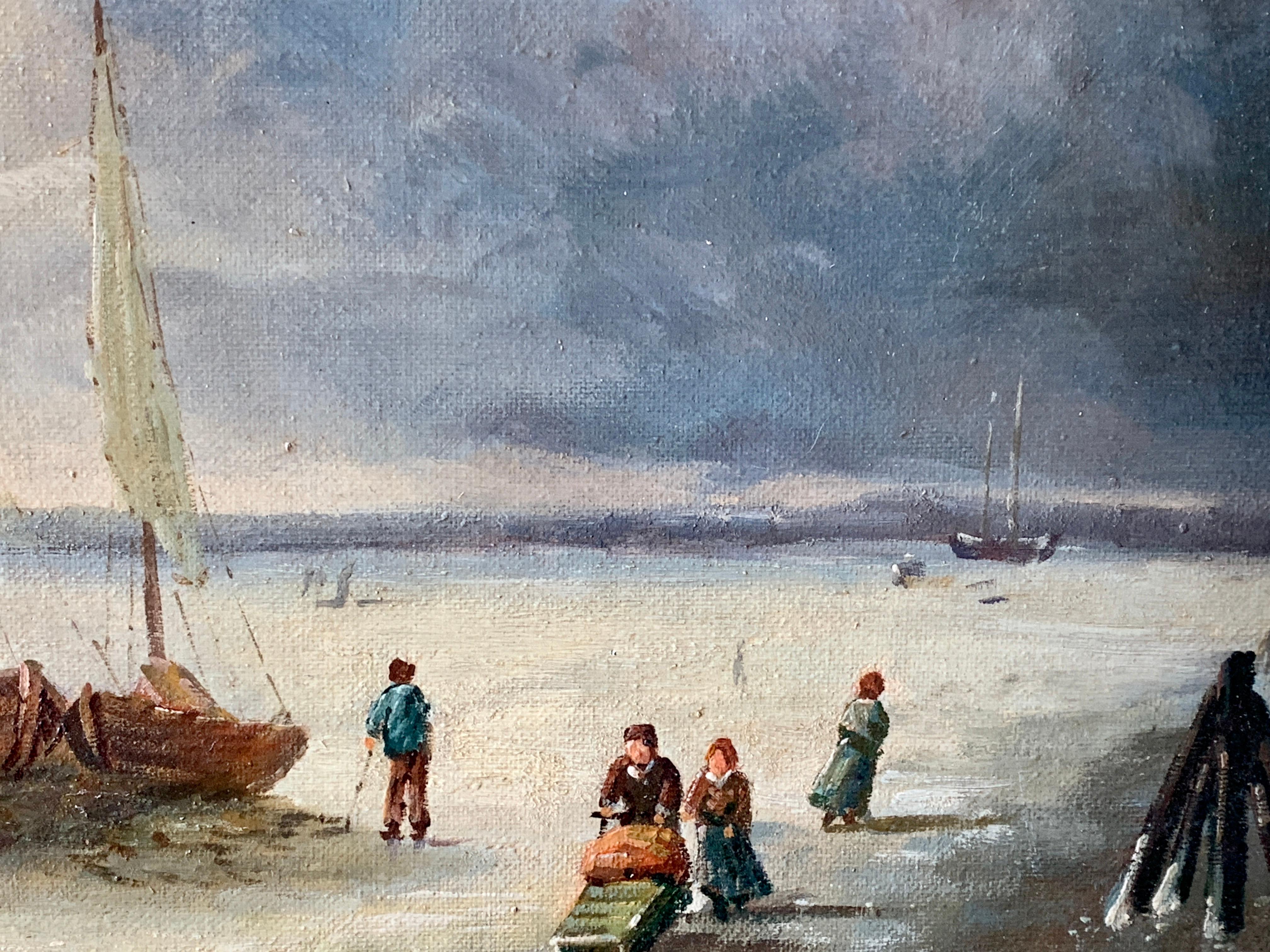 Figuras en un lago helado con castillo, barcos de pesca, patinadores, caballos y una tormenta - Landscape Painting Gris de Dutch School