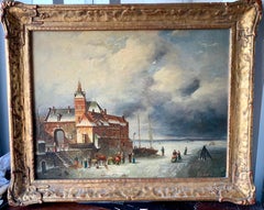Figures on a frozen lake with castle, fishing boats, skaters, horses and a storm