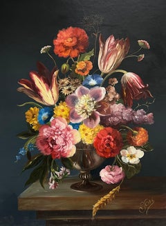 Raffinata pittura ad olio olandese di natura morta classica con fiori ornati in una ciotola, firmata