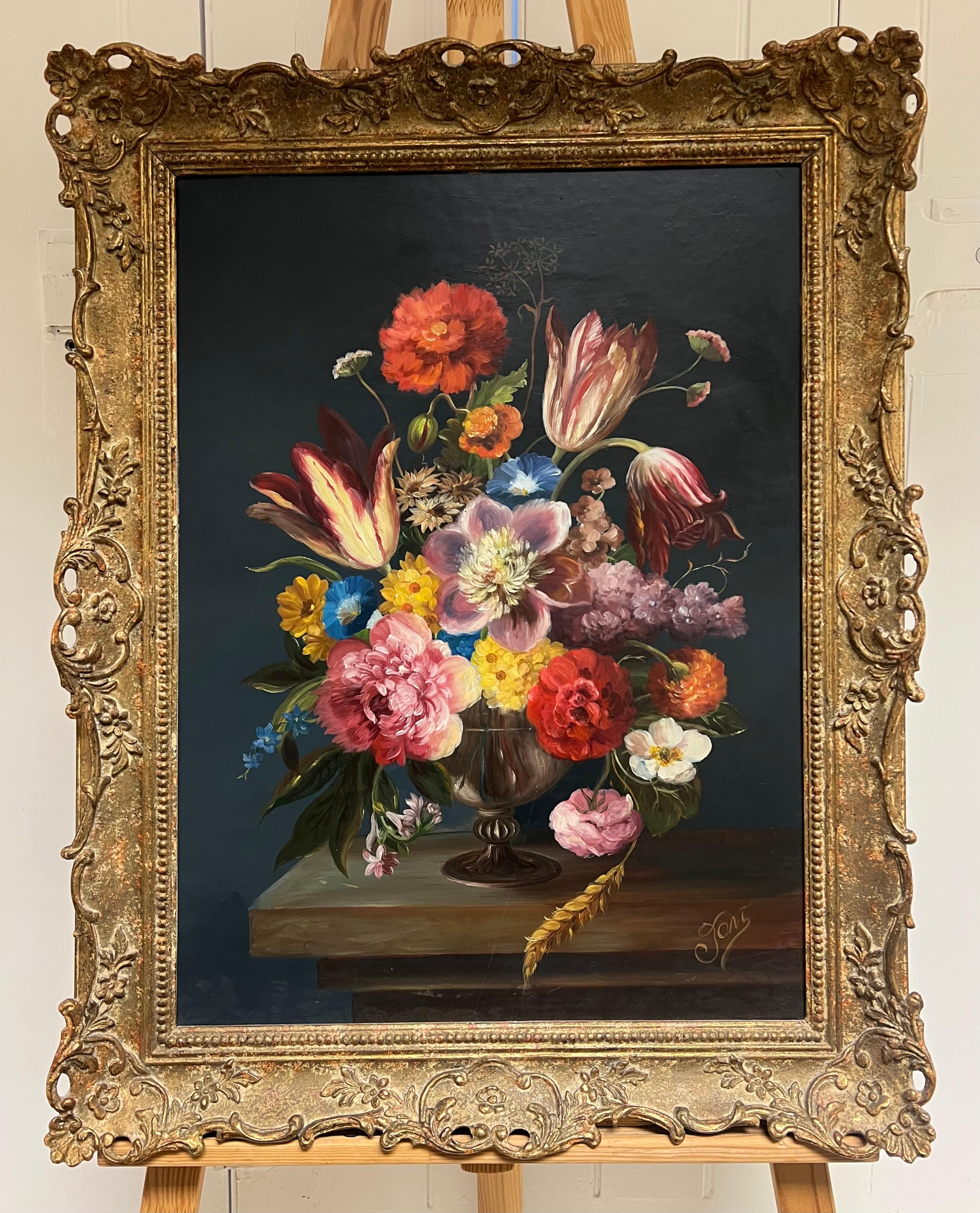 Fine Dutch Classical Still Life Oil Painting Ornate Flowers in Bowl Signed For Sale 1