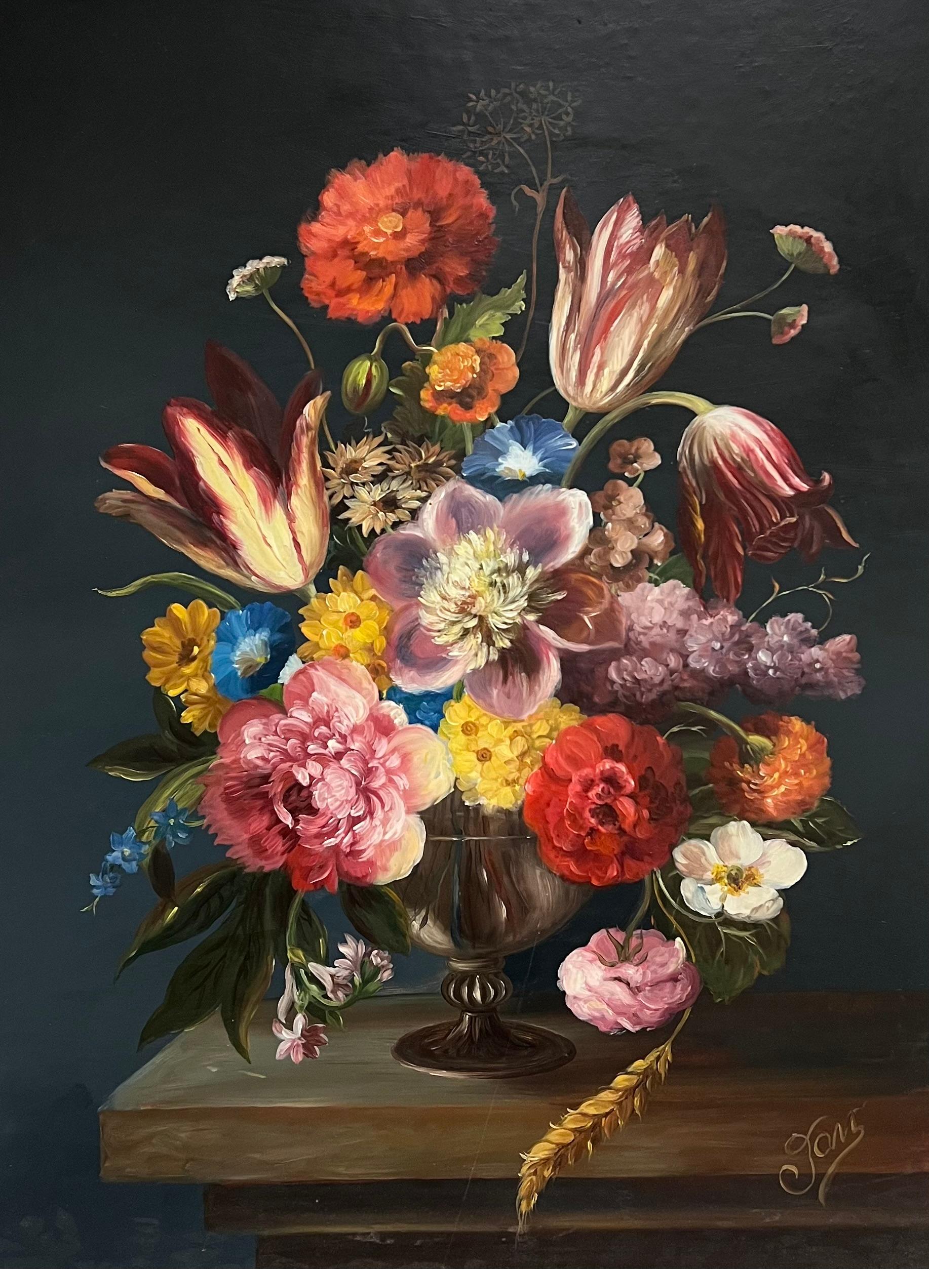 Fine Dutch Classical Still Life Oil Painting Ornate Flowers in Bowl Signed For Sale 2