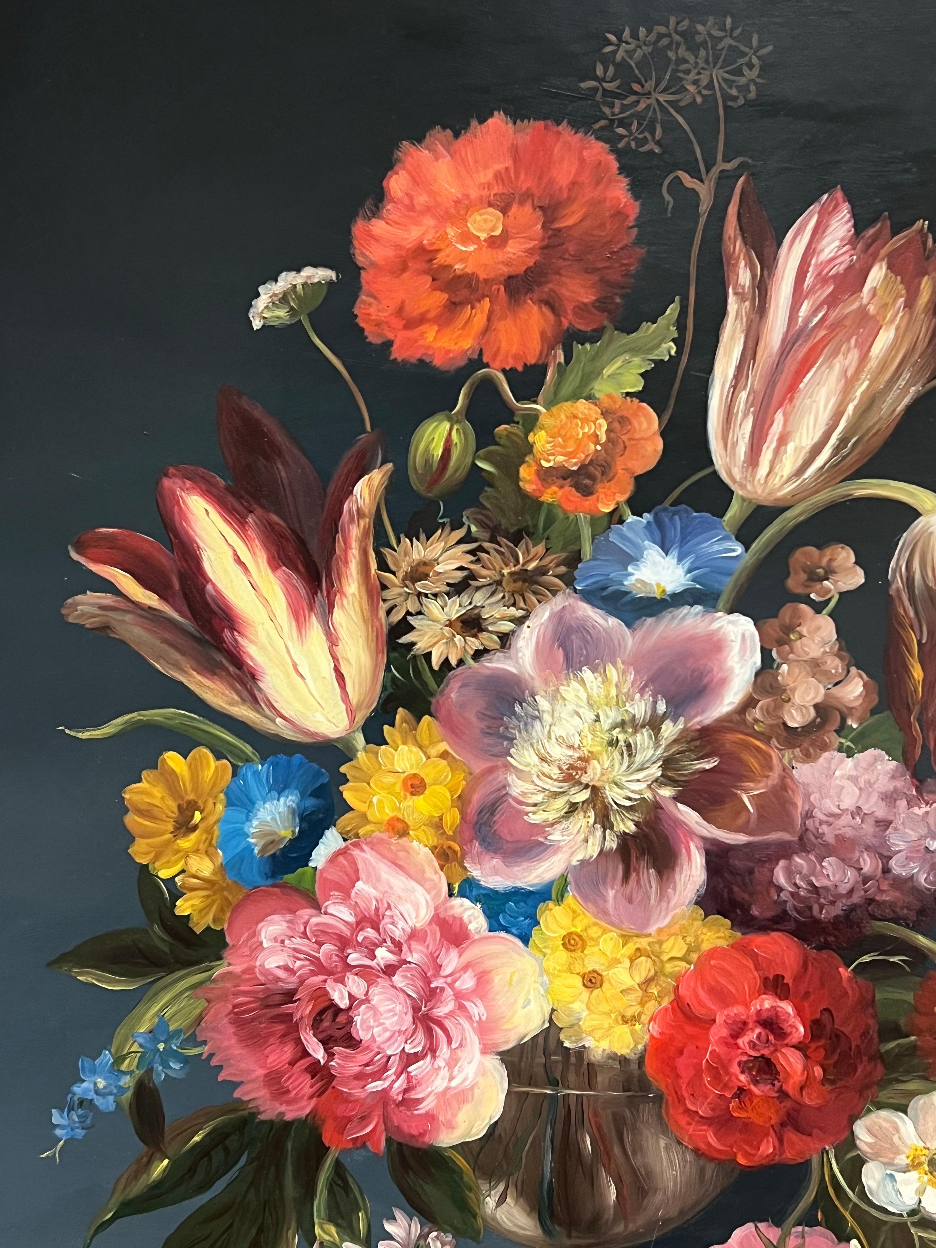 Fine Dutch Classical Still Life Oil Painting Ornate Flowers in Bowl Signed For Sale 3